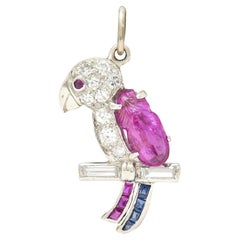 Art Deco Sapphire Ruby Diamond Platinum Parrot Bird Charm