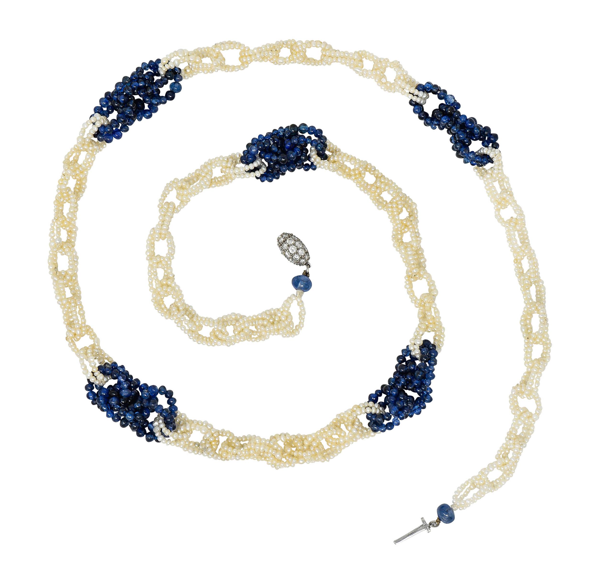 Beaded mesh necklace is comprised of oval links strung with seed pearls and sapphire beads

Seed pearls measure on average 1.6 mm and are a well matched cream color with good to very good luster

Sapphire beads measure from 2.0 mm to 5.4 mm and are