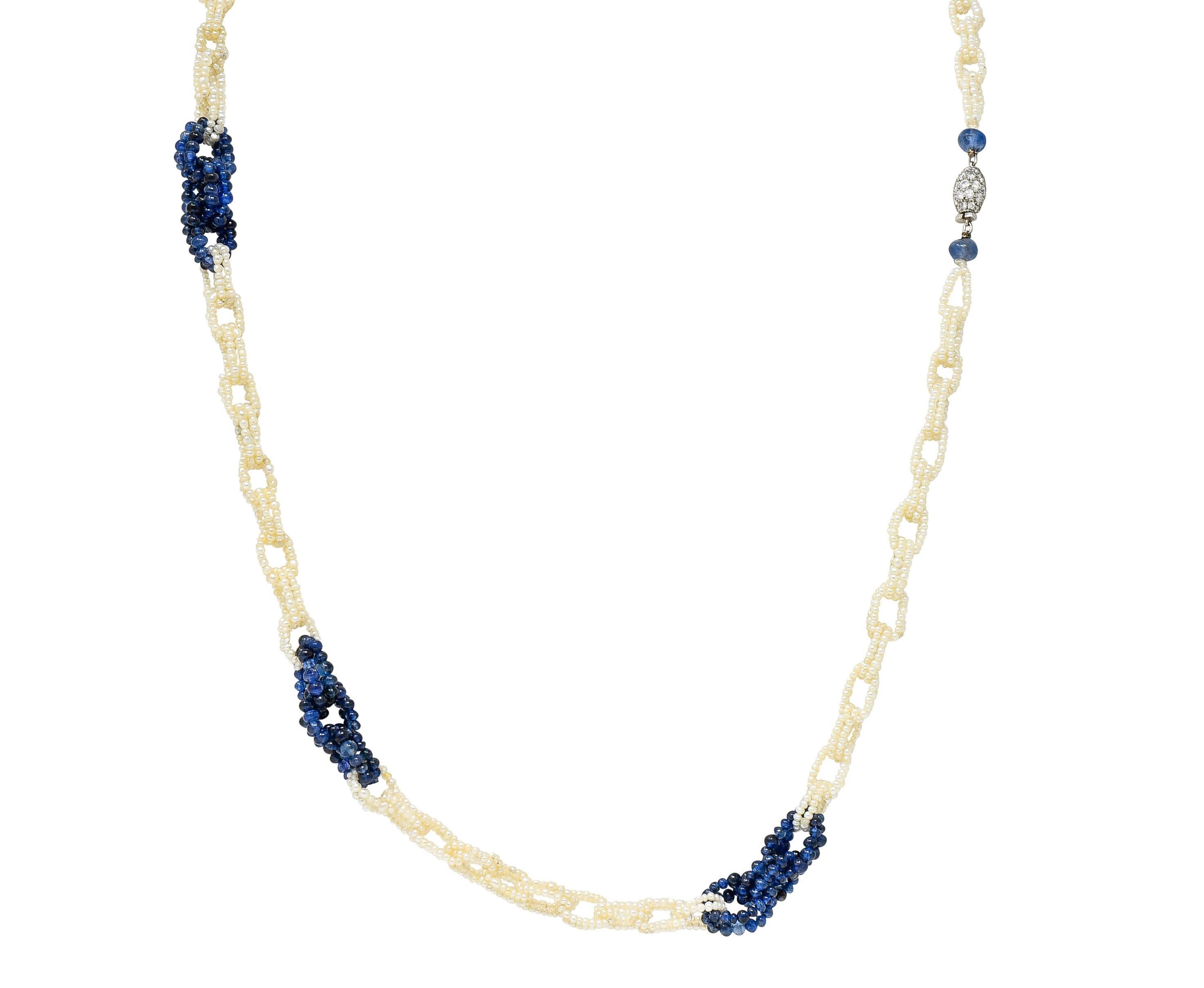 Art Deco Sapphire Seed Pearl Diamond Platinum Mesh Link Beaded Necklace In Excellent Condition In Philadelphia, PA