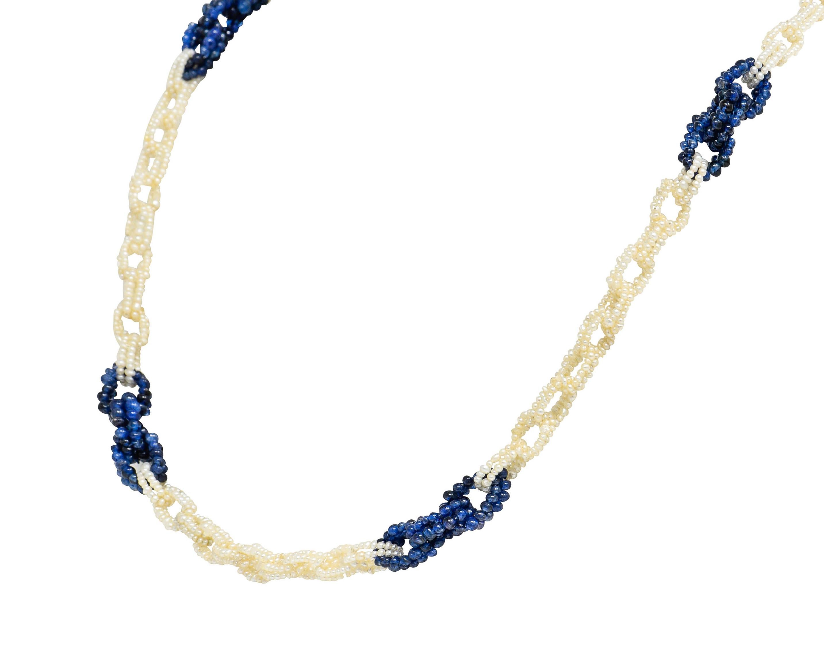 Women's or Men's Art Deco Sapphire Seed Pearl Diamond Platinum Mesh Link Beaded Necklace