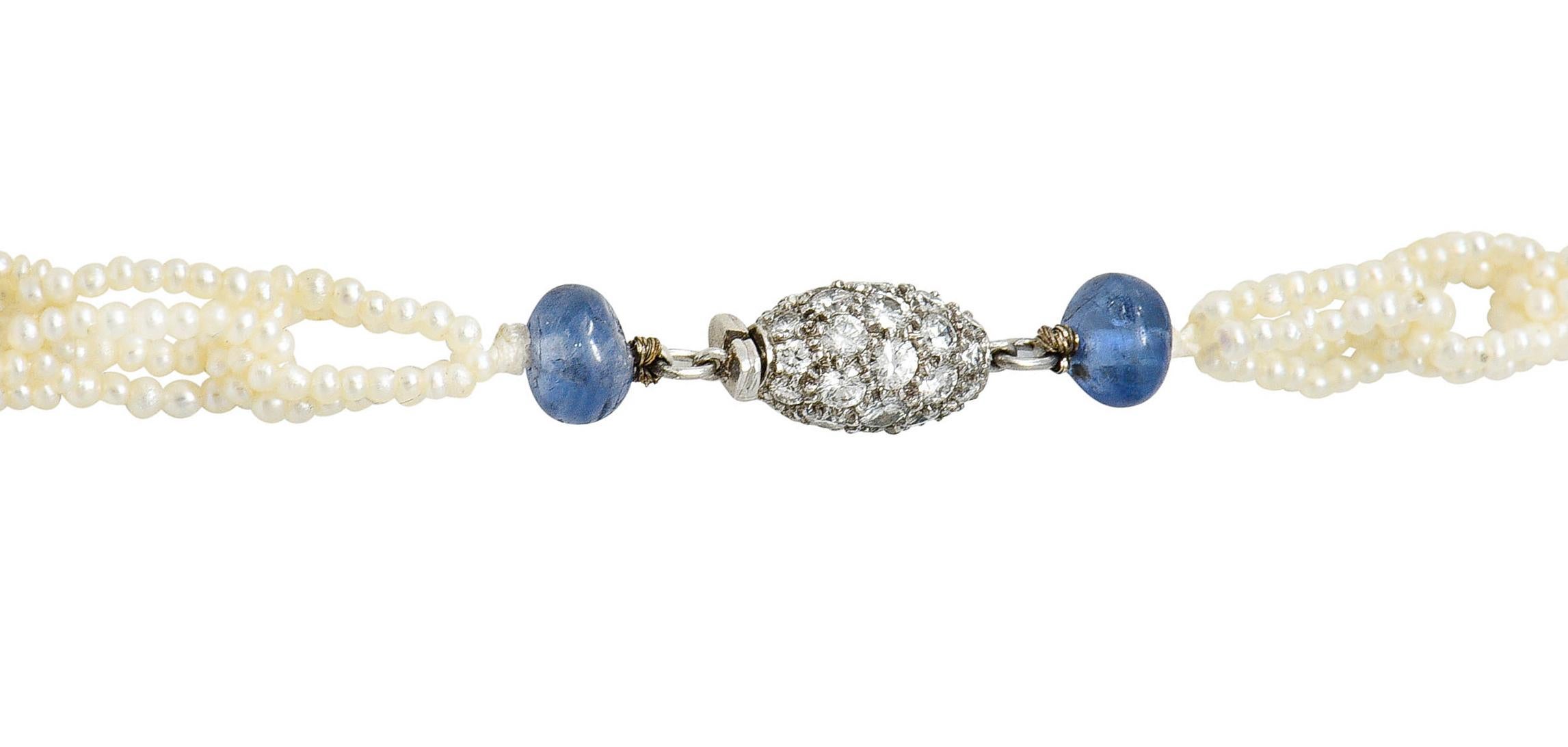 Art Deco Sapphire Seed Pearl Diamond Platinum Mesh Link Beaded Necklace 1
