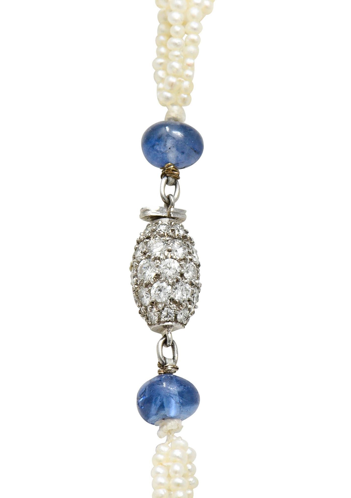Art Deco Sapphire Seed Pearl Diamond Platinum Mesh Link Beaded Necklace 4