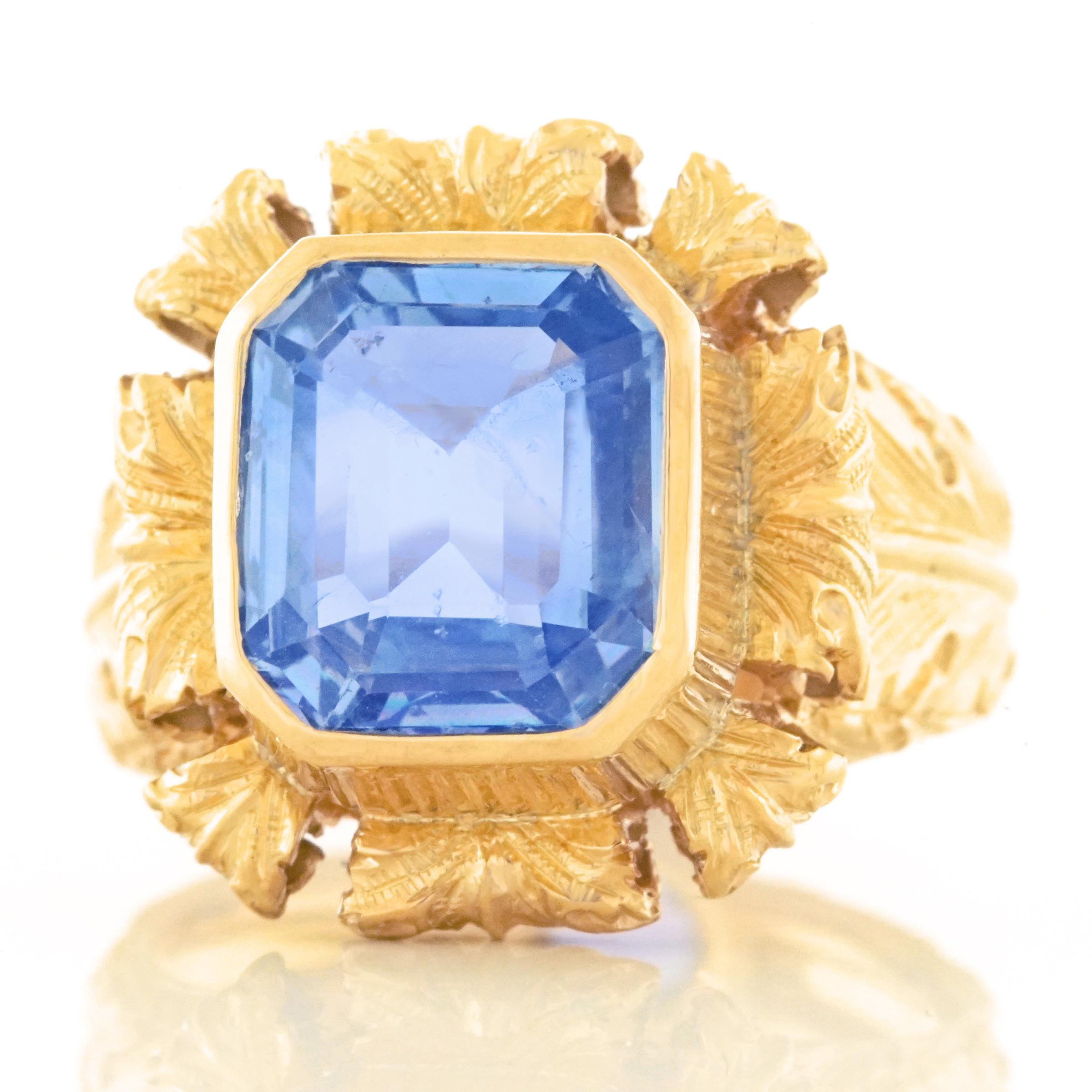Emerald Cut Art Deco Sapphire Set Gold Ring GIA No Heat