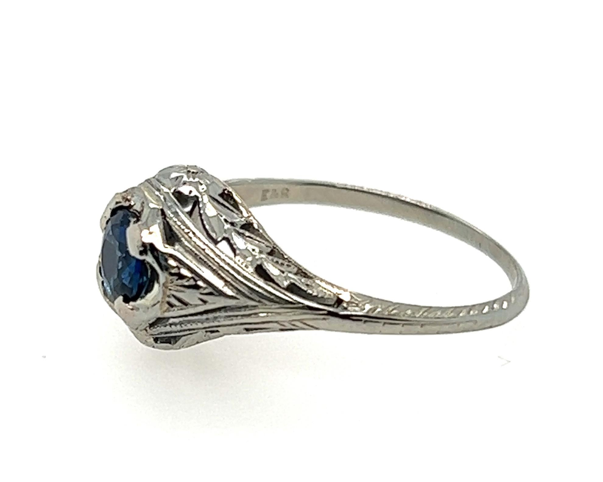 Round Cut Art Deco Sapphire Solitaire Engagement Ring .65ct Original 1920s Antique 18K For Sale