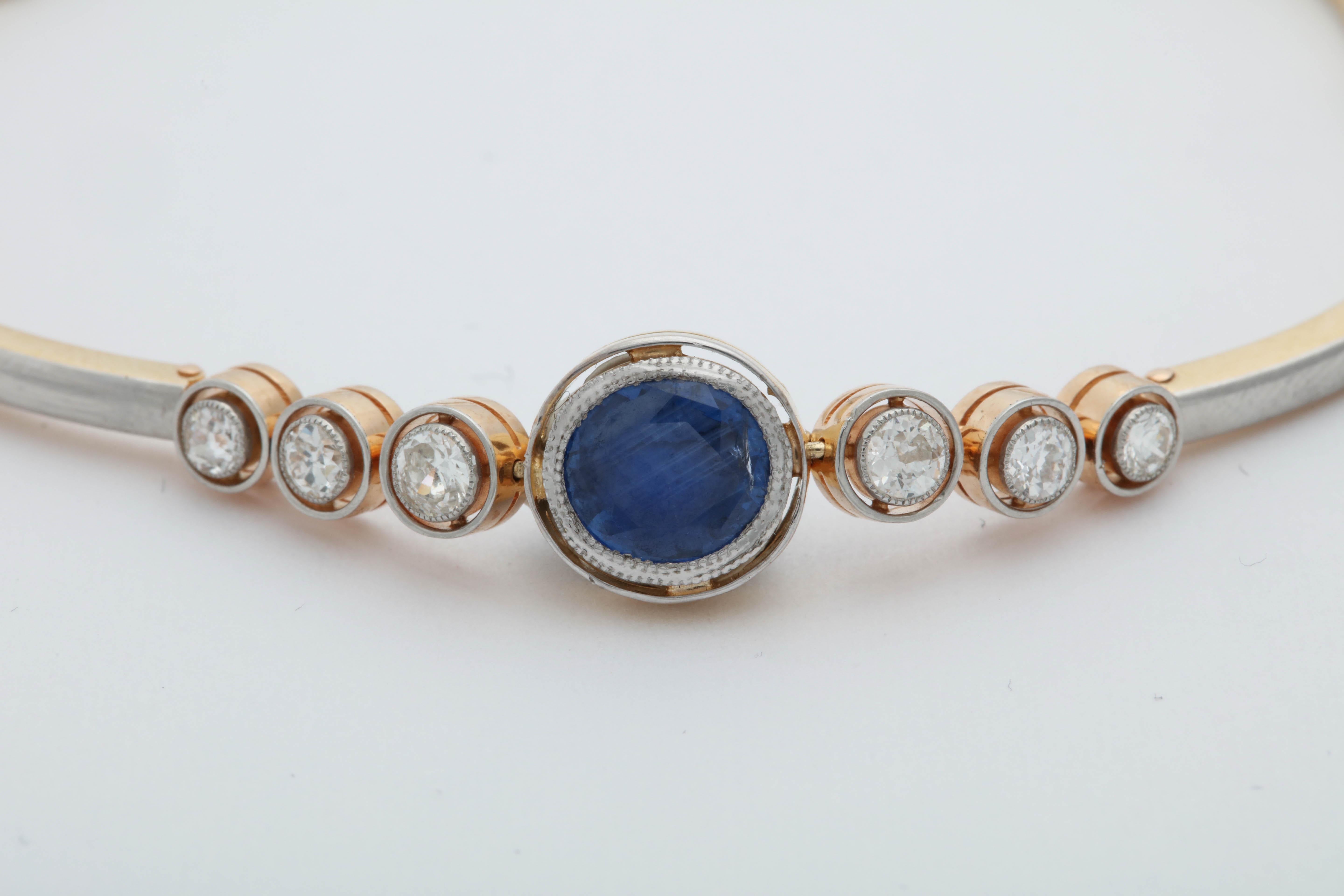 Art Deco Sapphire with Diamonds Platinum and Gold Halfway Flexible Bracelet 1