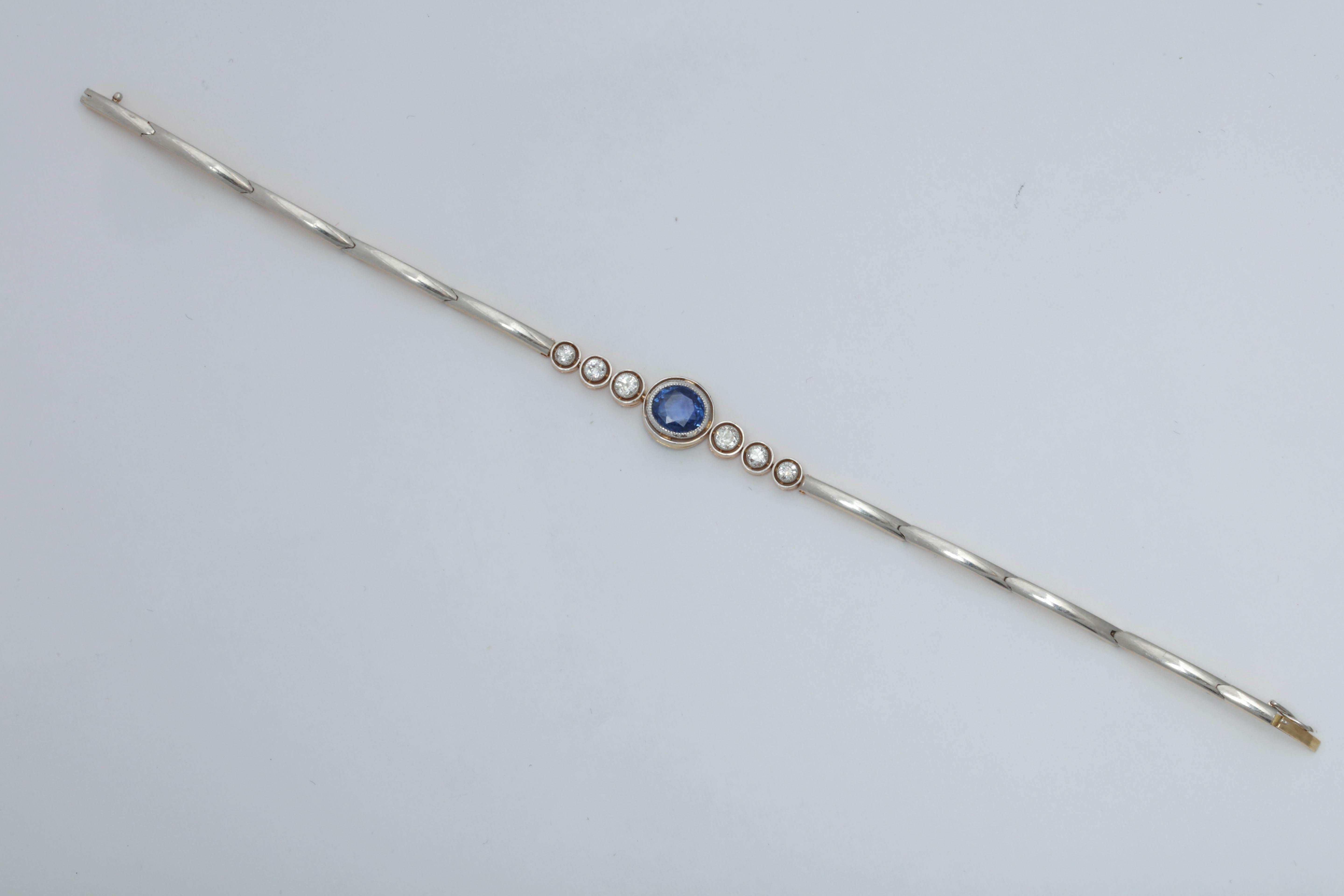 Art Deco Sapphire with Diamonds Platinum and Gold Halfway Flexible Bracelet 2