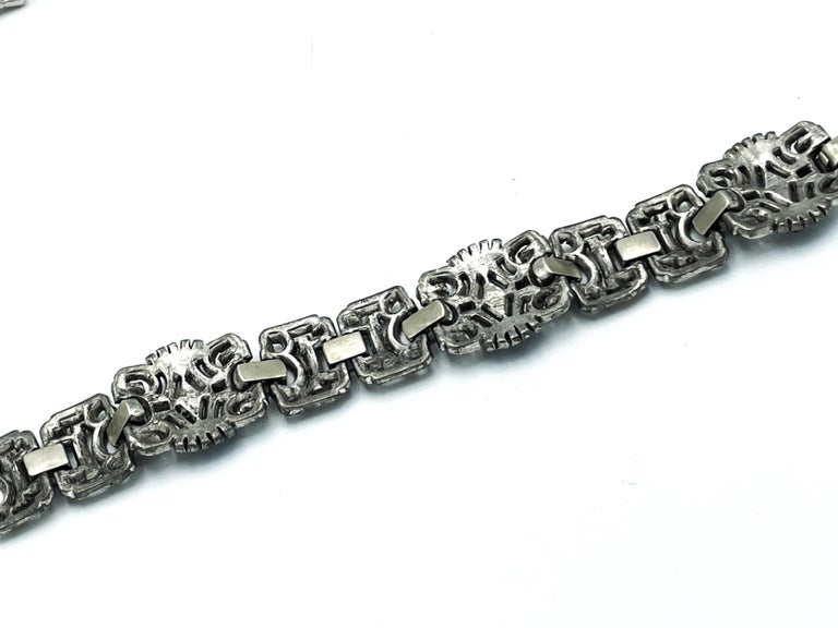 Bracelet Argenté Style Art Déco Vintage - CZ Bleu, Motif Floral Années 1920 - Neuf Sans Emballage