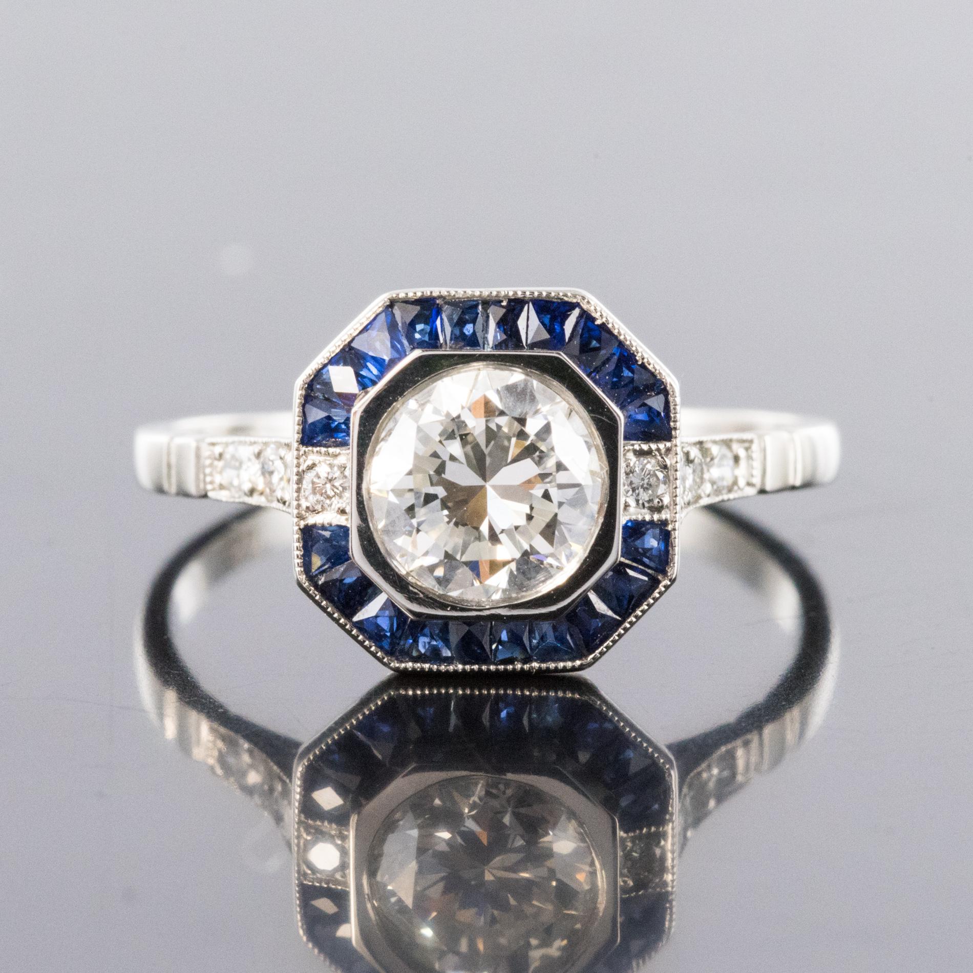 Round Cut Art Deco Sapphires Diamonds Platinum Ring