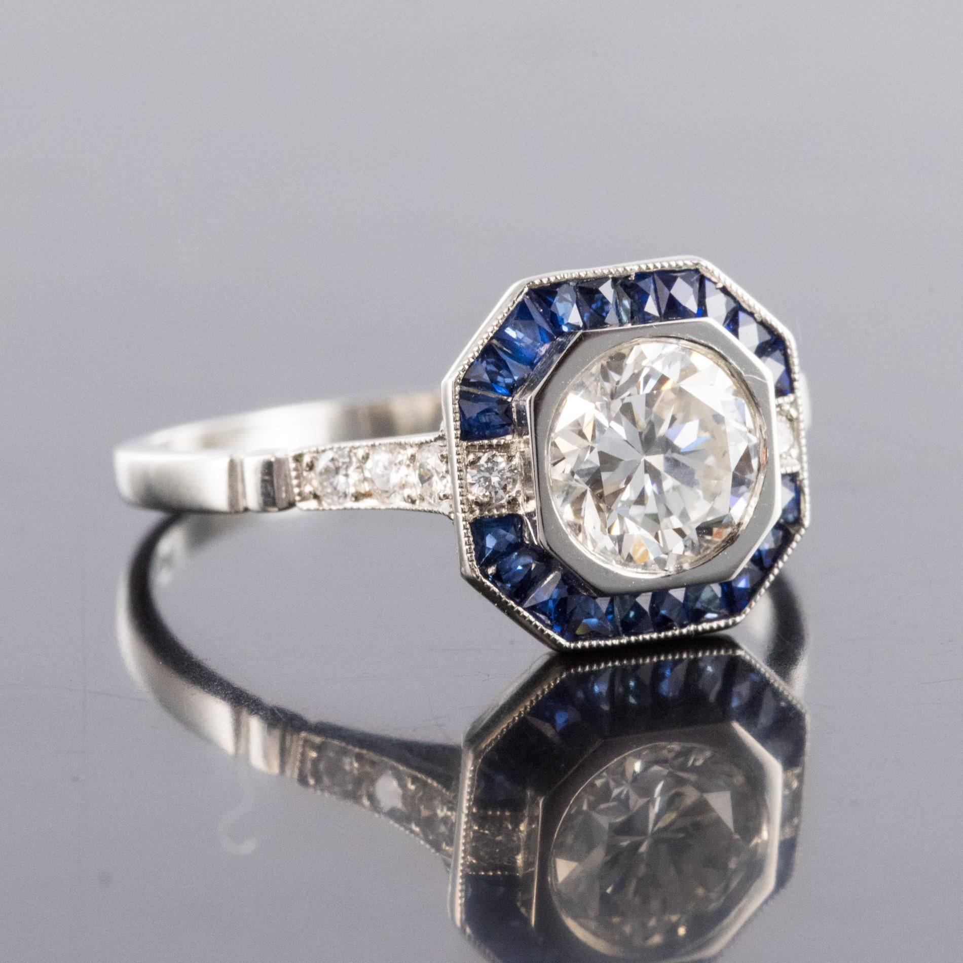Art Deco Sapphires Diamonds Platinum Ring In Excellent Condition In Poitiers, FR