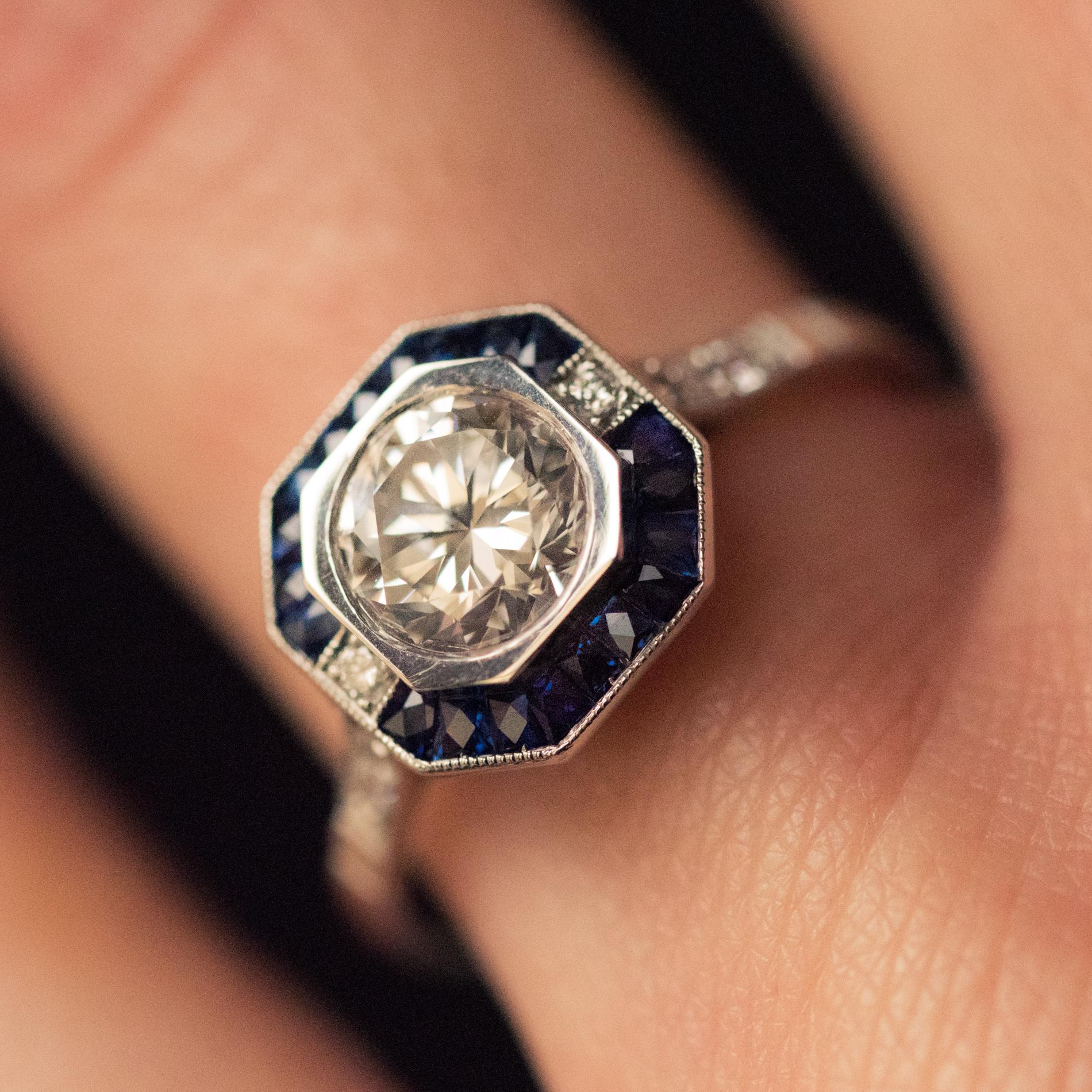 Women's Art Deco Sapphires Diamonds Platinum Ring