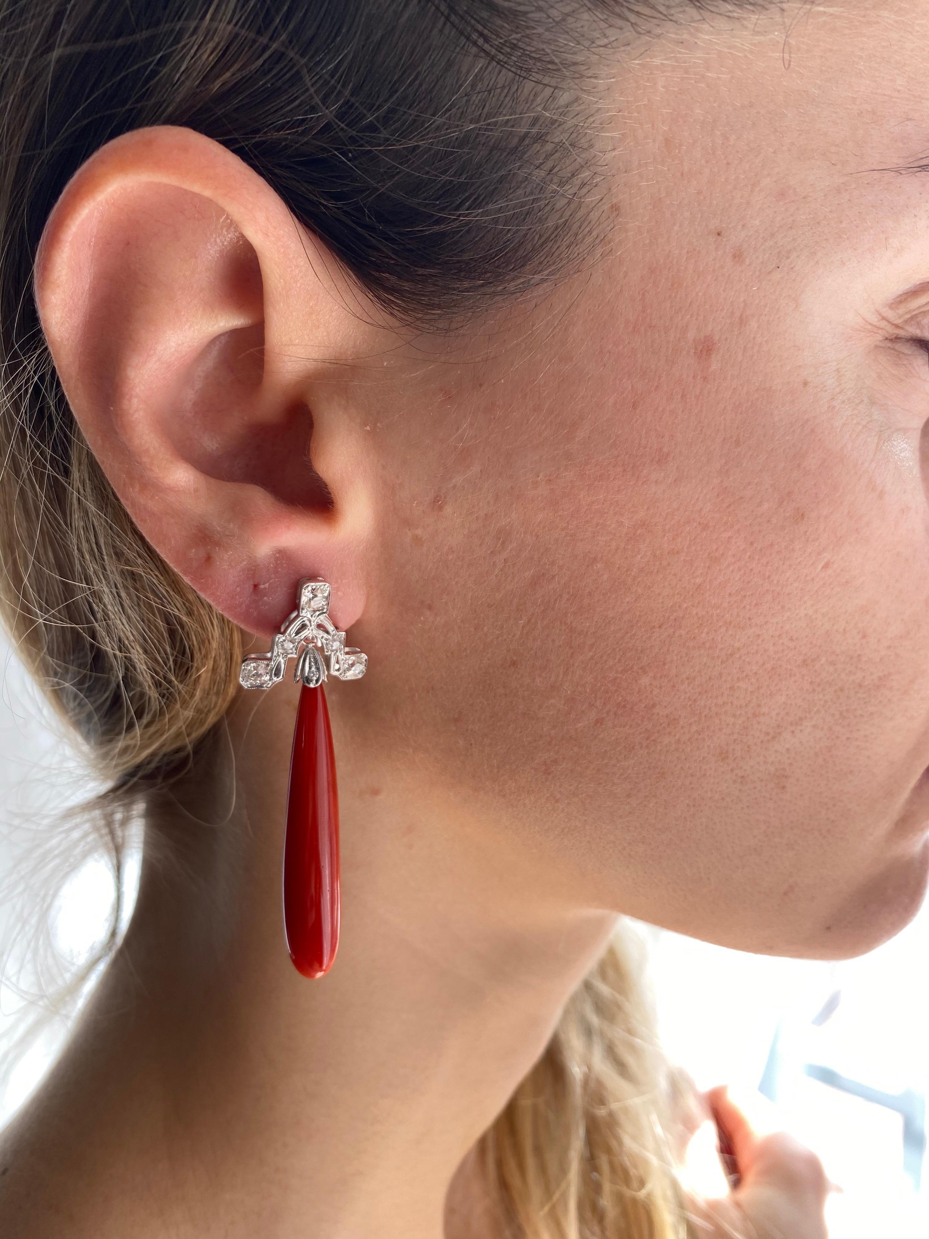 Art Deco Sardinian Coral Diamond Gold Drop Earrings For Sale 1