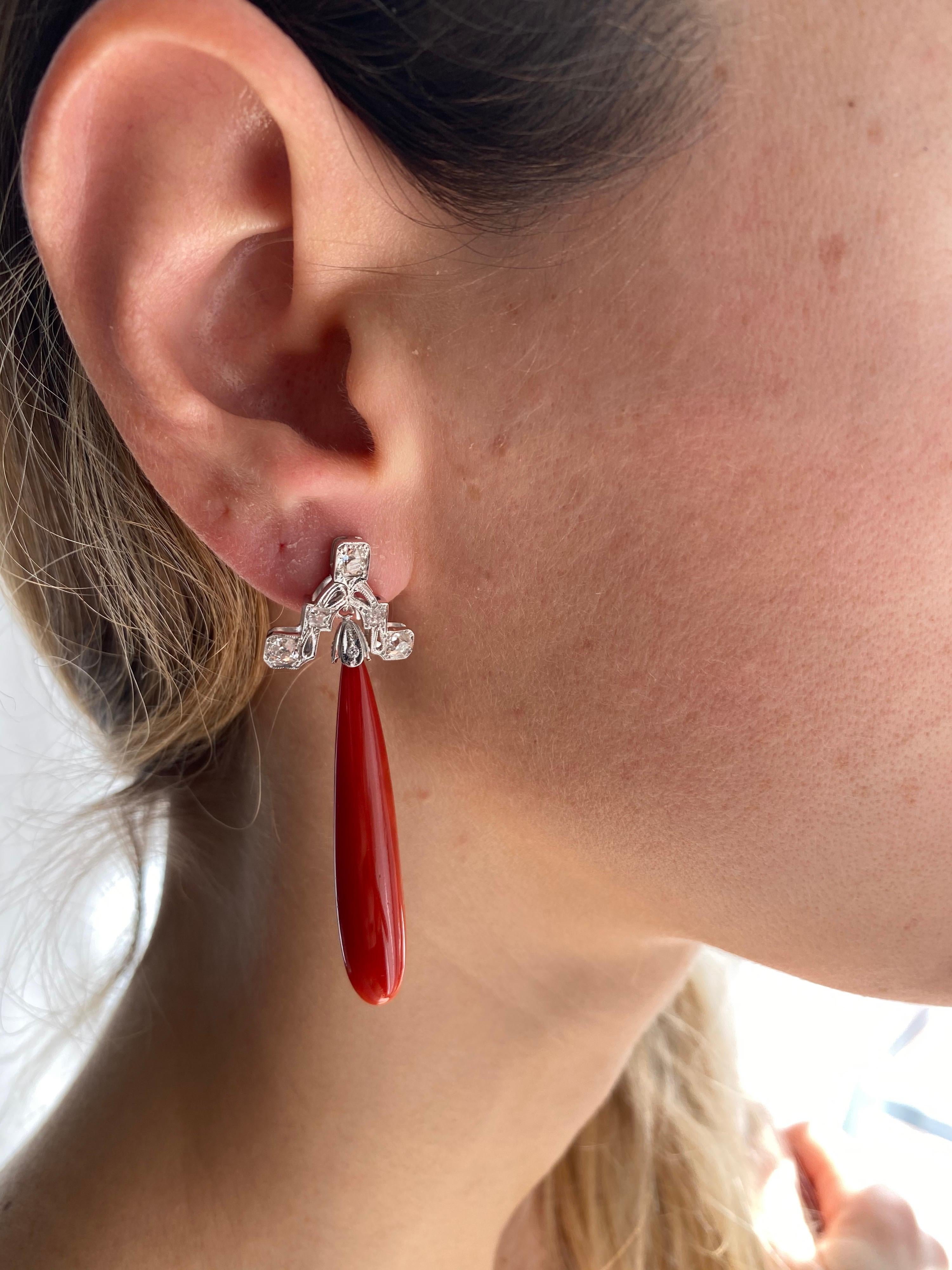 Art Deco Sardinian Coral Diamond Gold Drop Earrings For Sale 2