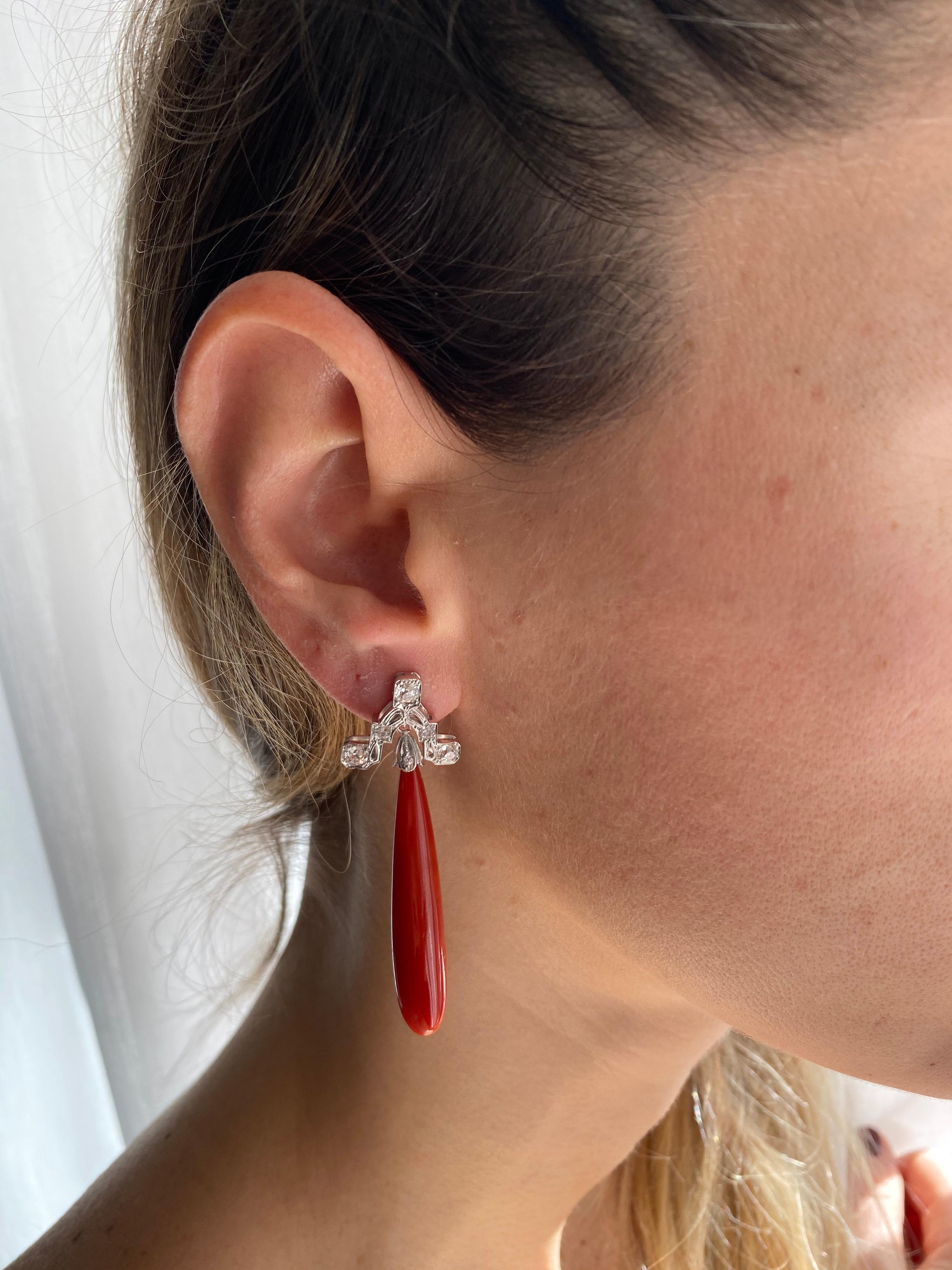 Art Deco Sardinian Coral Diamond Gold Drop Earrings For Sale 3