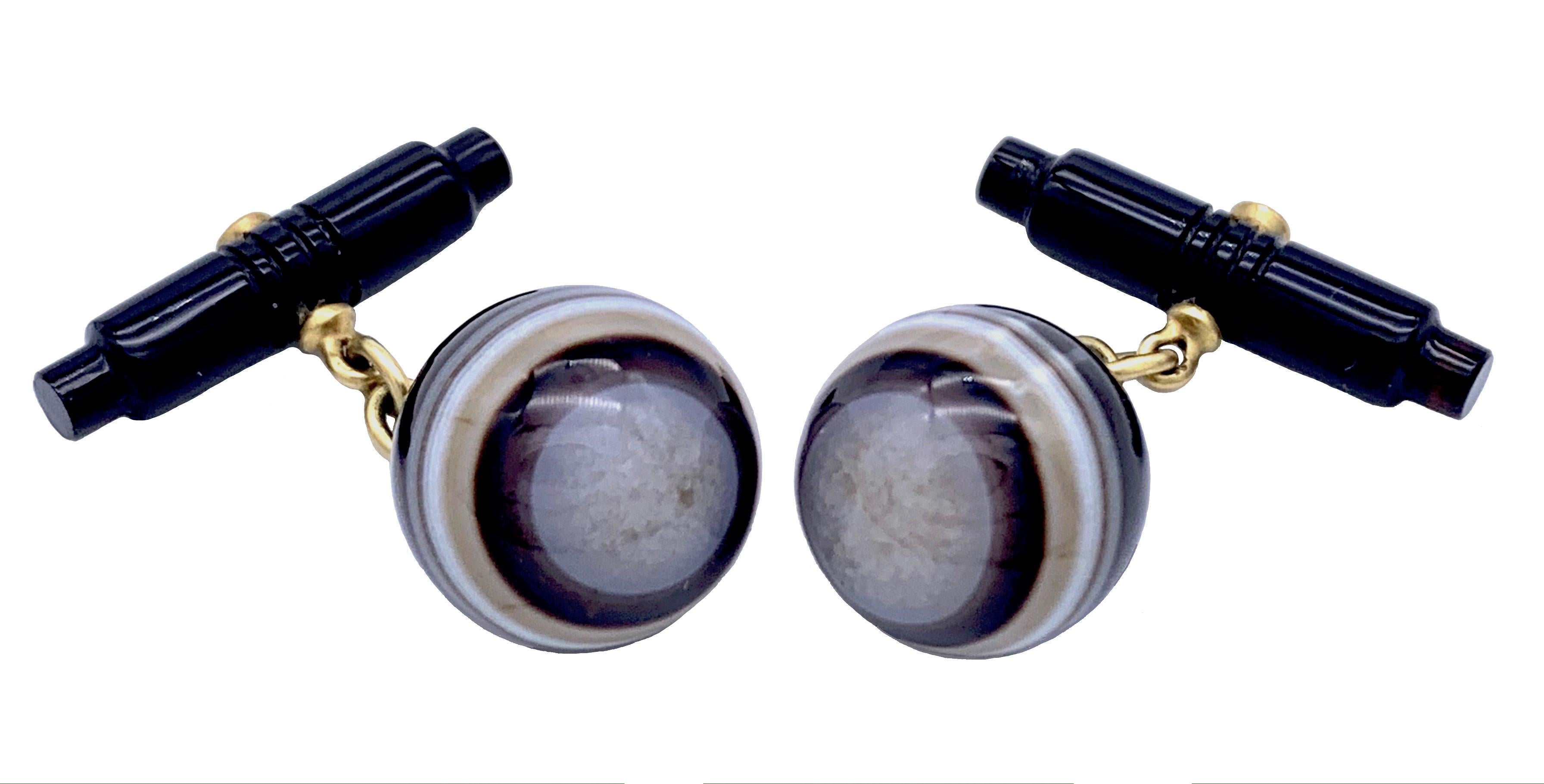 Taille ronde Boutons de manchette Art déco en or 18 carats avec onyx, onyx, agate et diamants, contre l'œil maléfique  en vente