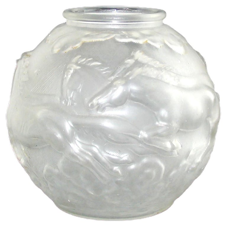 Art Deco Satined Press Glass Ball Vase with Horses For Sale at 1stDibs