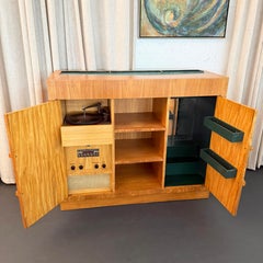 Art Deco Satinwood Lit Dry Bar Music Entertainment System Cabinet