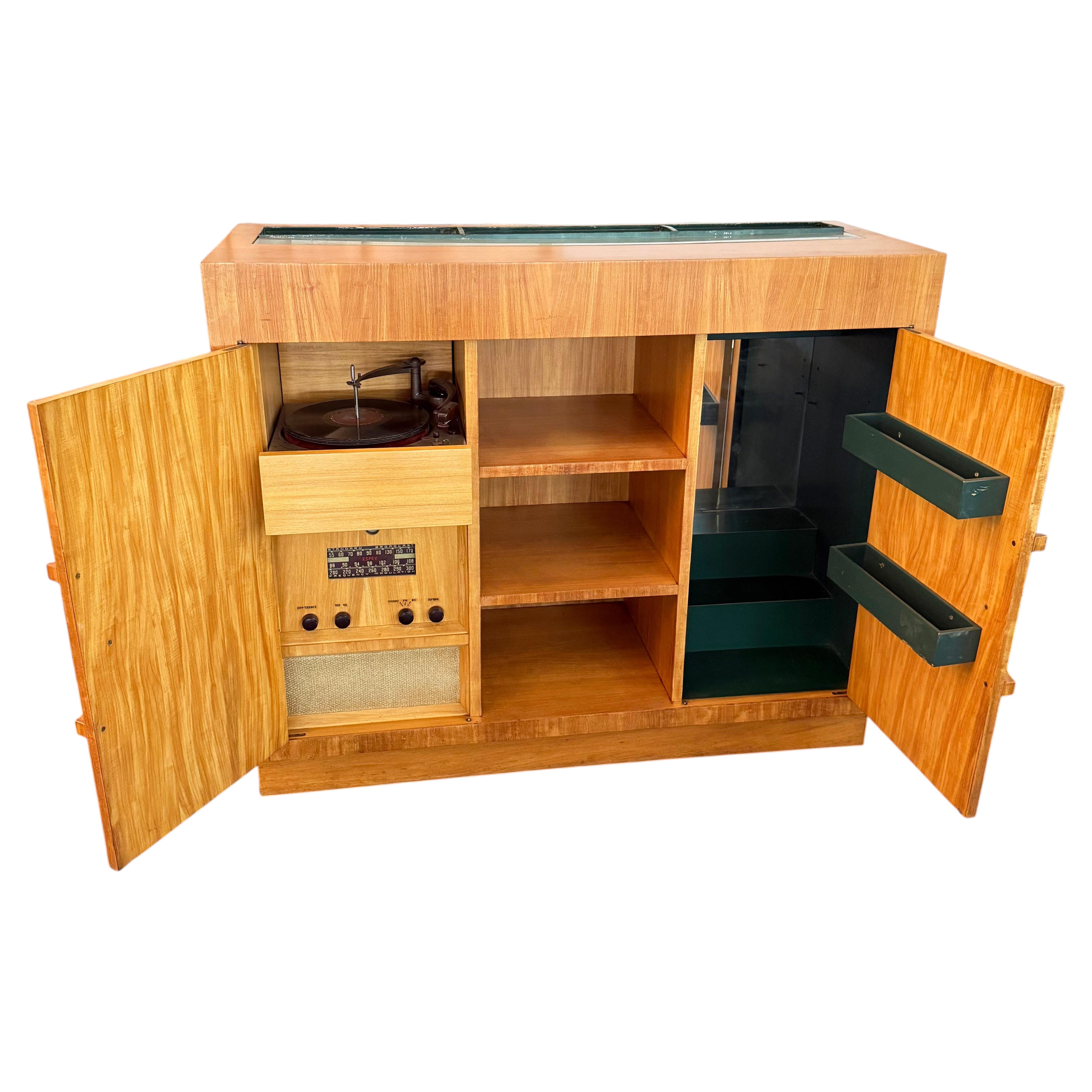 Art Deco Satinwood Lit Dry Bar Music Entertainment System Cabinet For Sale