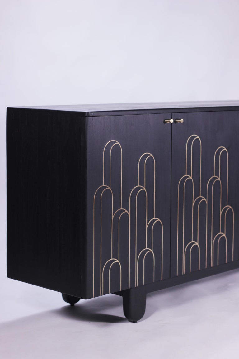 Art Deco Black Stained Solid Oak SCALLOP Credenza with Brass inlay