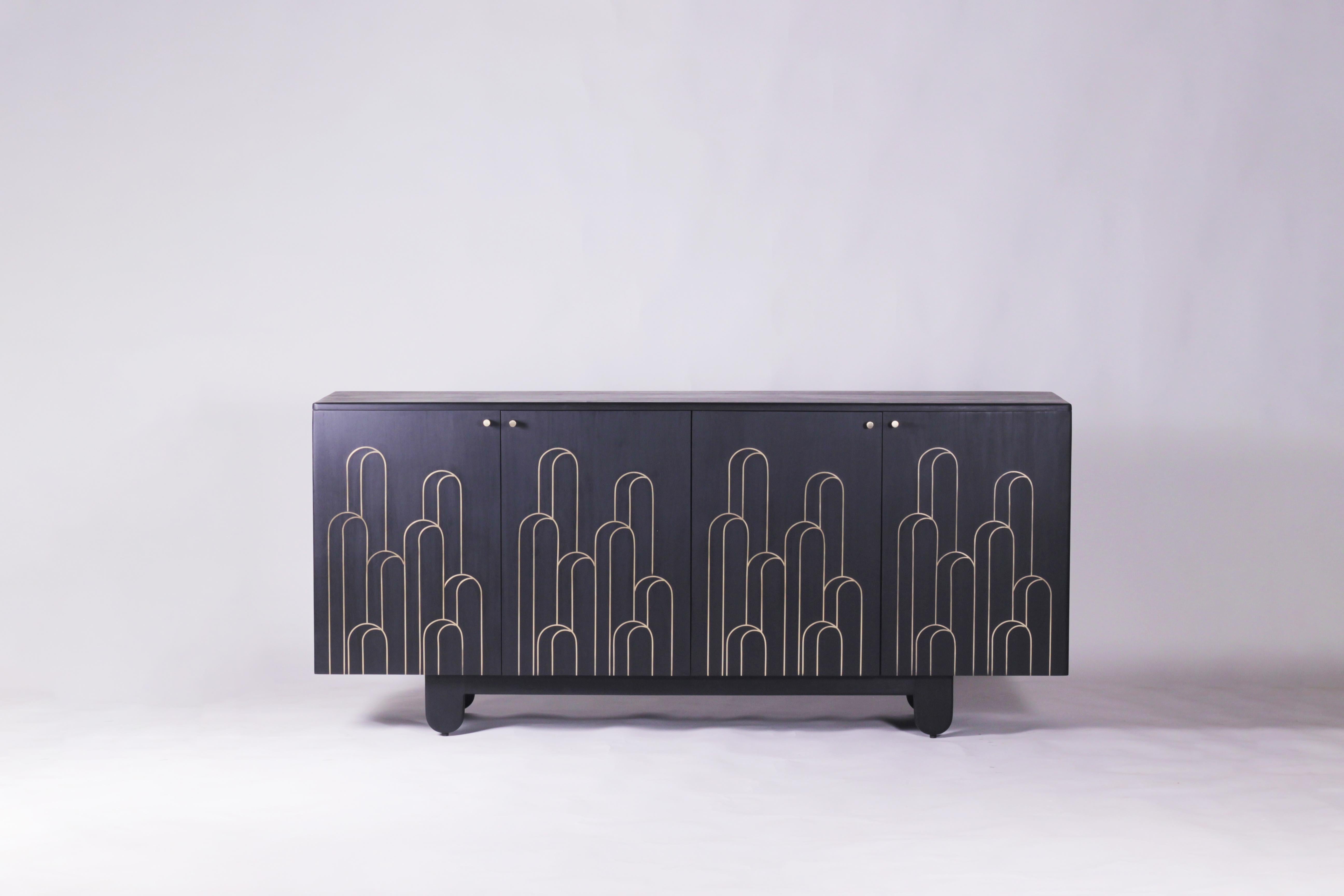 Indian Modern Art Deco Black Handcrafted Solid wood Oak Credenza/Cabinet with Brass For Sale