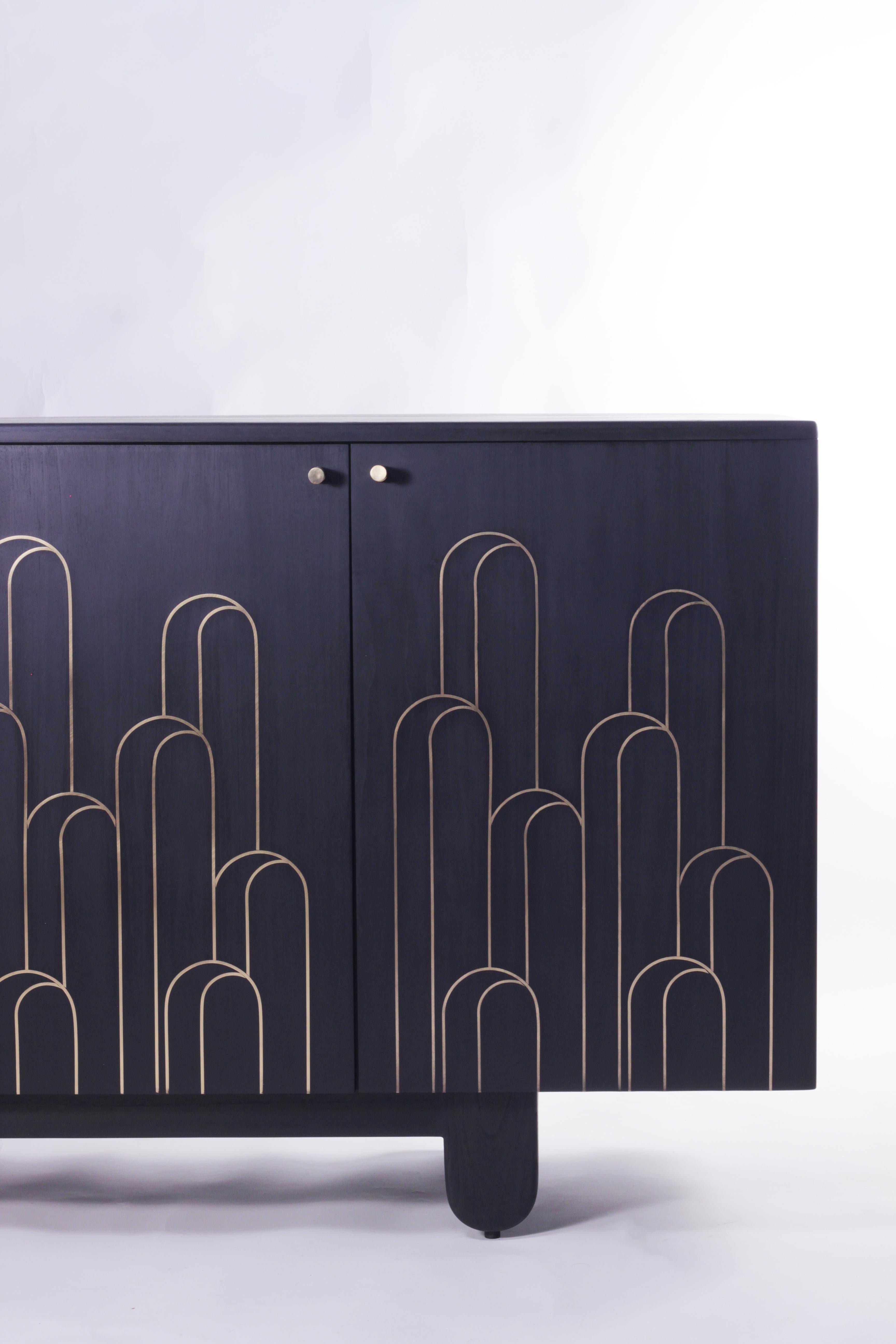Chamfered Modern Art Deco Black Handcrafted Solid wood Oak Credenza/Cabinet with Brass For Sale