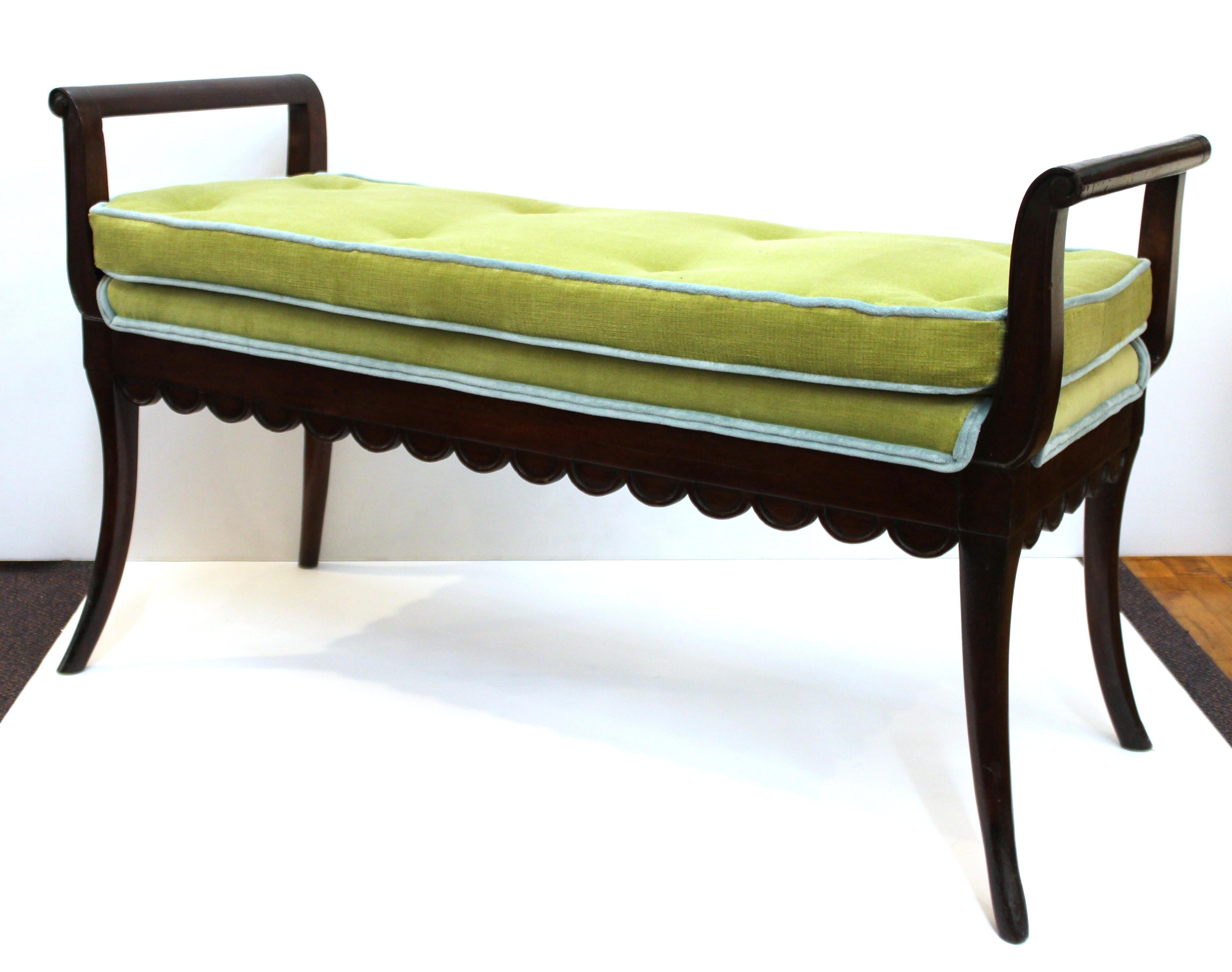 American Art Deco Scalloped Bench in Mahogany with Velvet Cushion