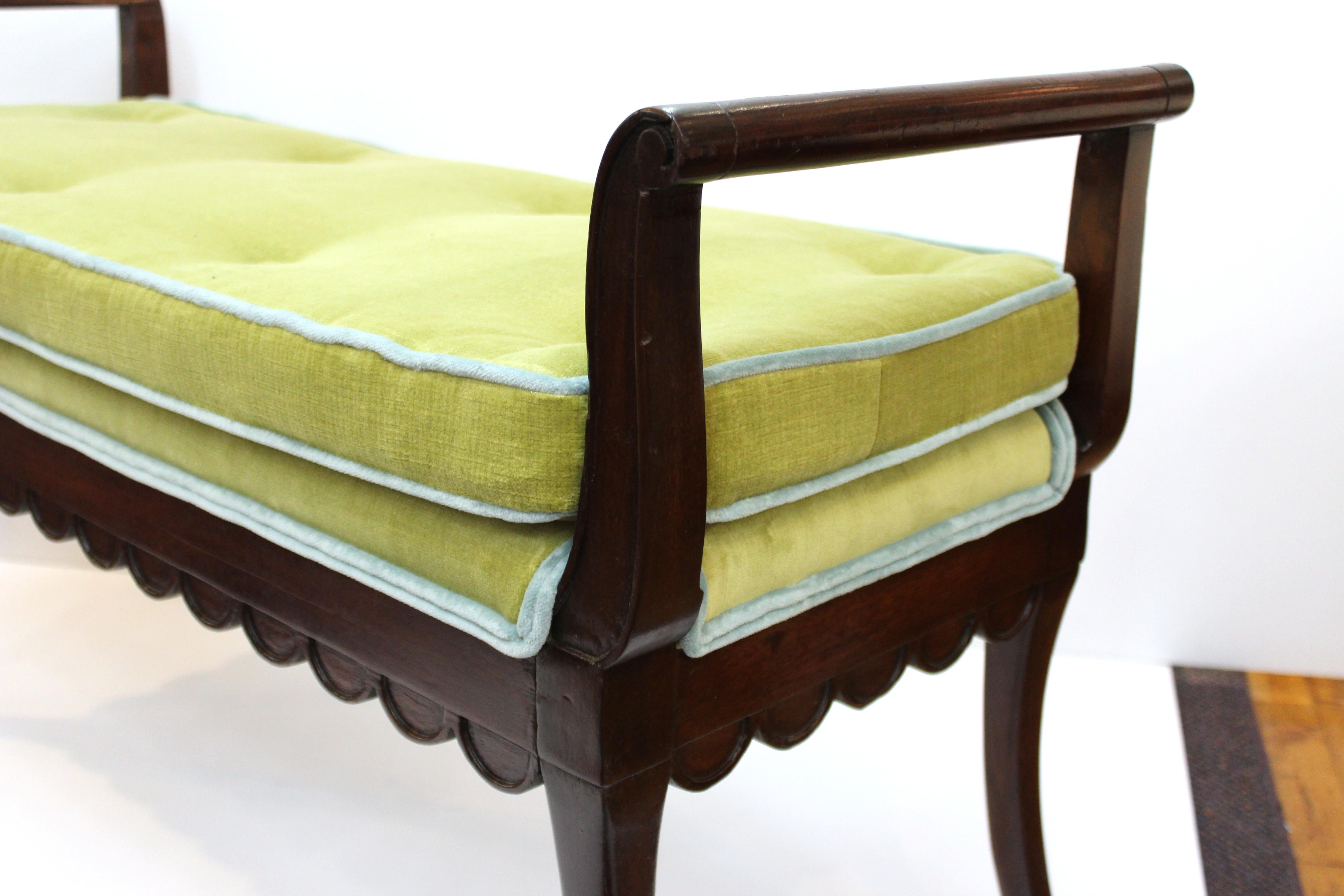 Art Deco Scalloped Bench in Mahogany with Velvet Cushion In Good Condition In Astoria, NY