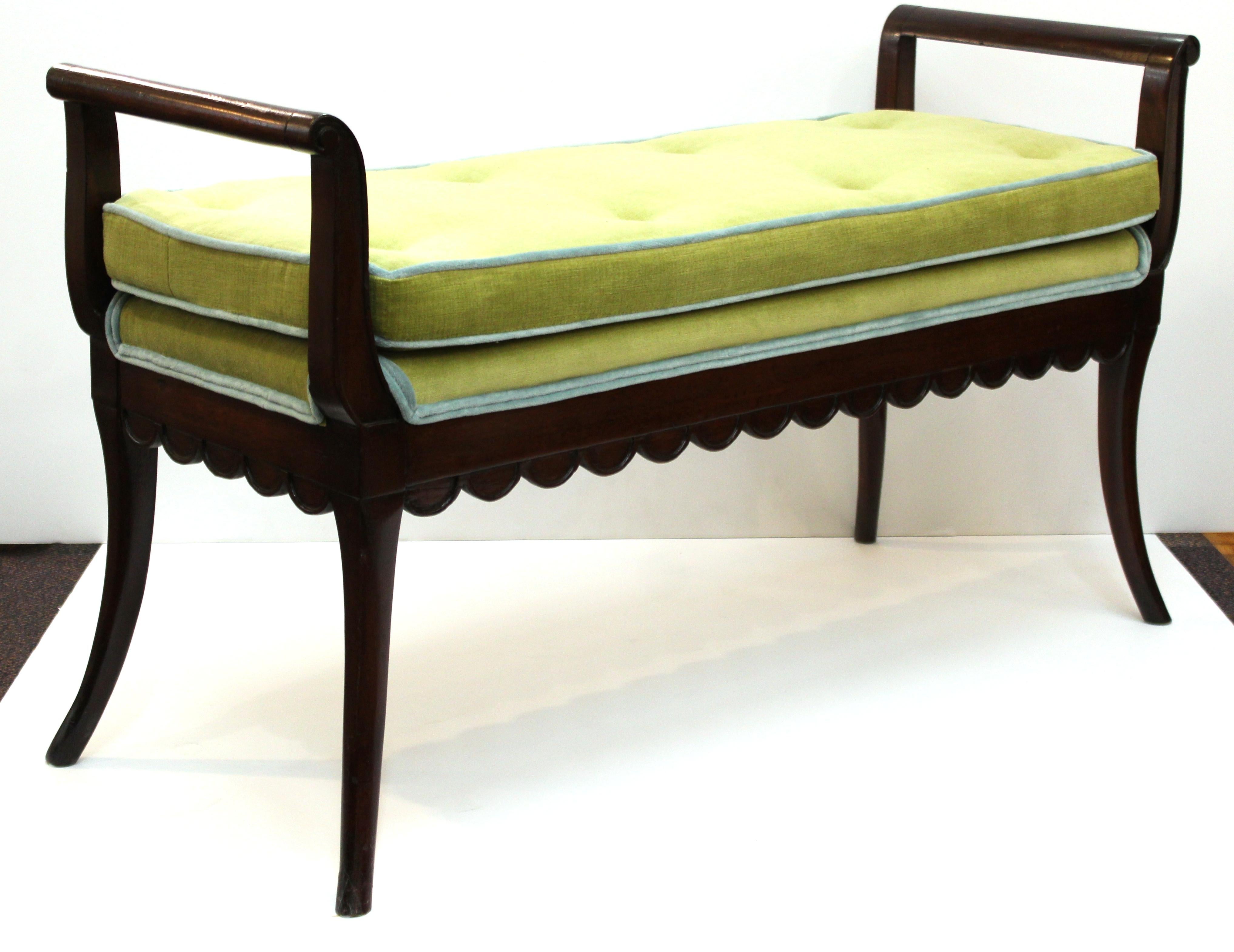 Art Deco Scalloped Bench in Mahogany with Velvet Cushion 2