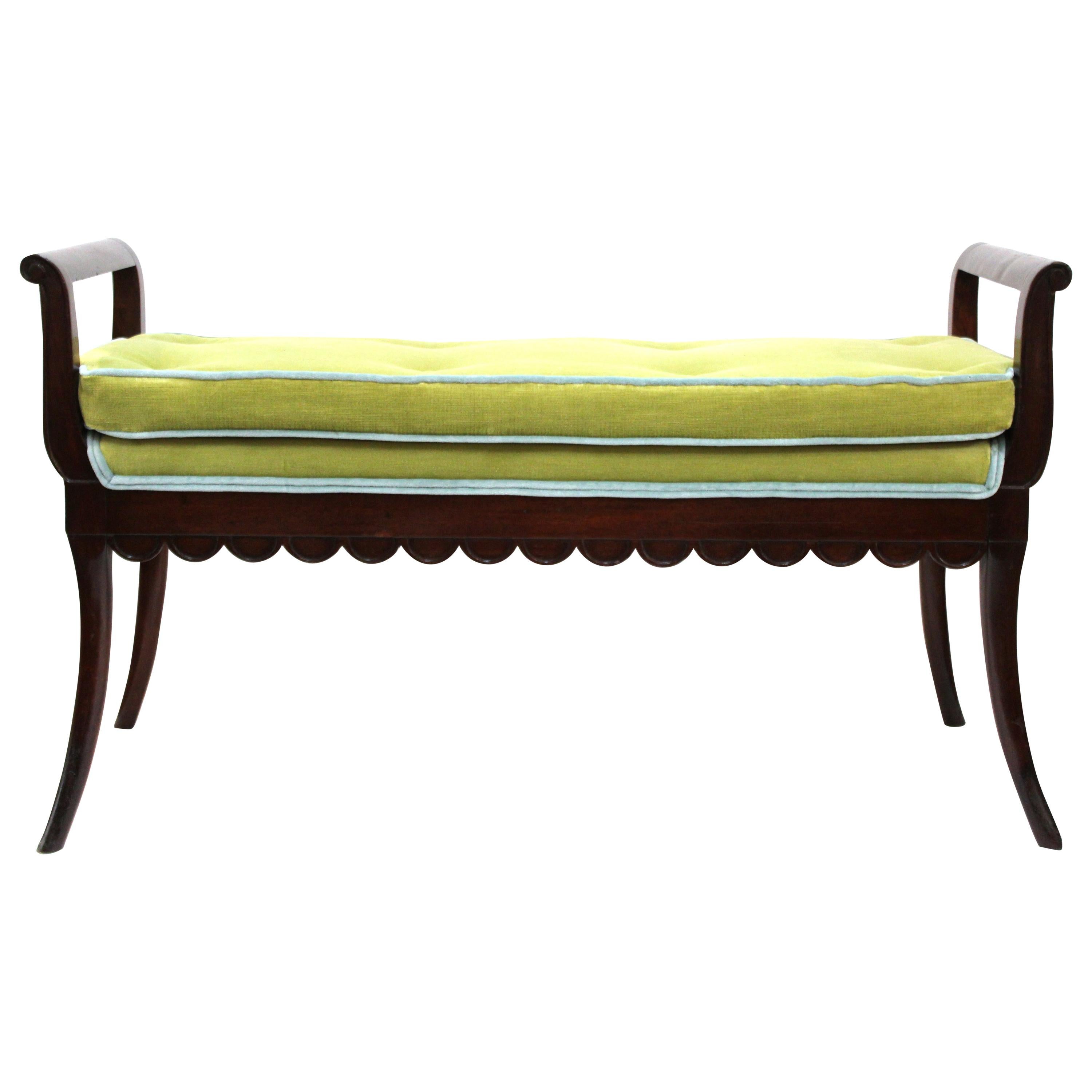 Art Deco Scalloped Bench in Mahogany with Velvet Cushion