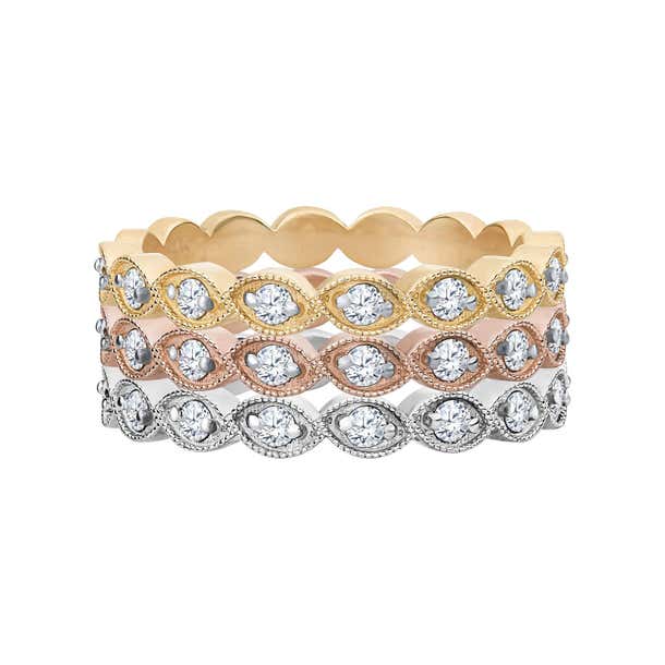 Artist Stack Rings Art Deco Style Scalloped Stackable Rings in 14 Karat Solid Gold with ...