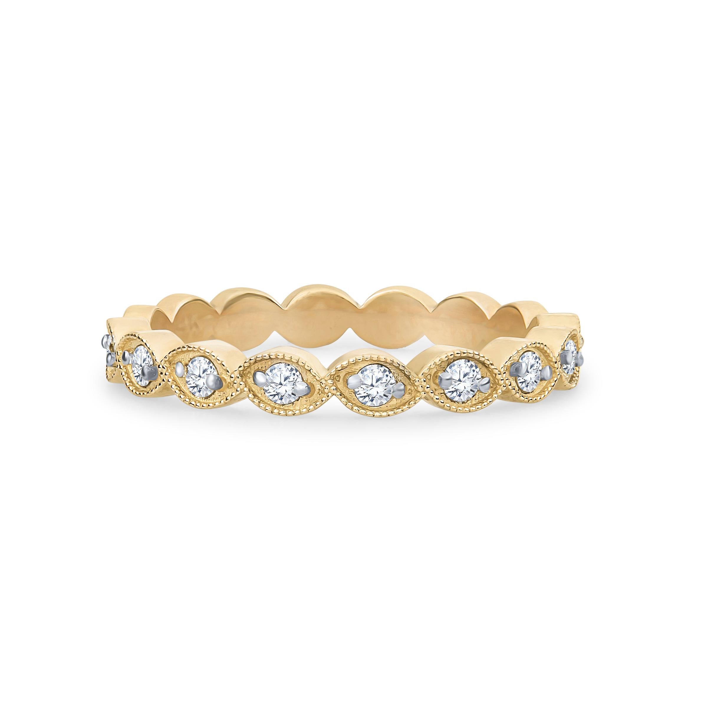Women's or Men's Art Deco Style Scalloped Stackable Rings in 14 Karat Solid Gold with Diamonds For Sale