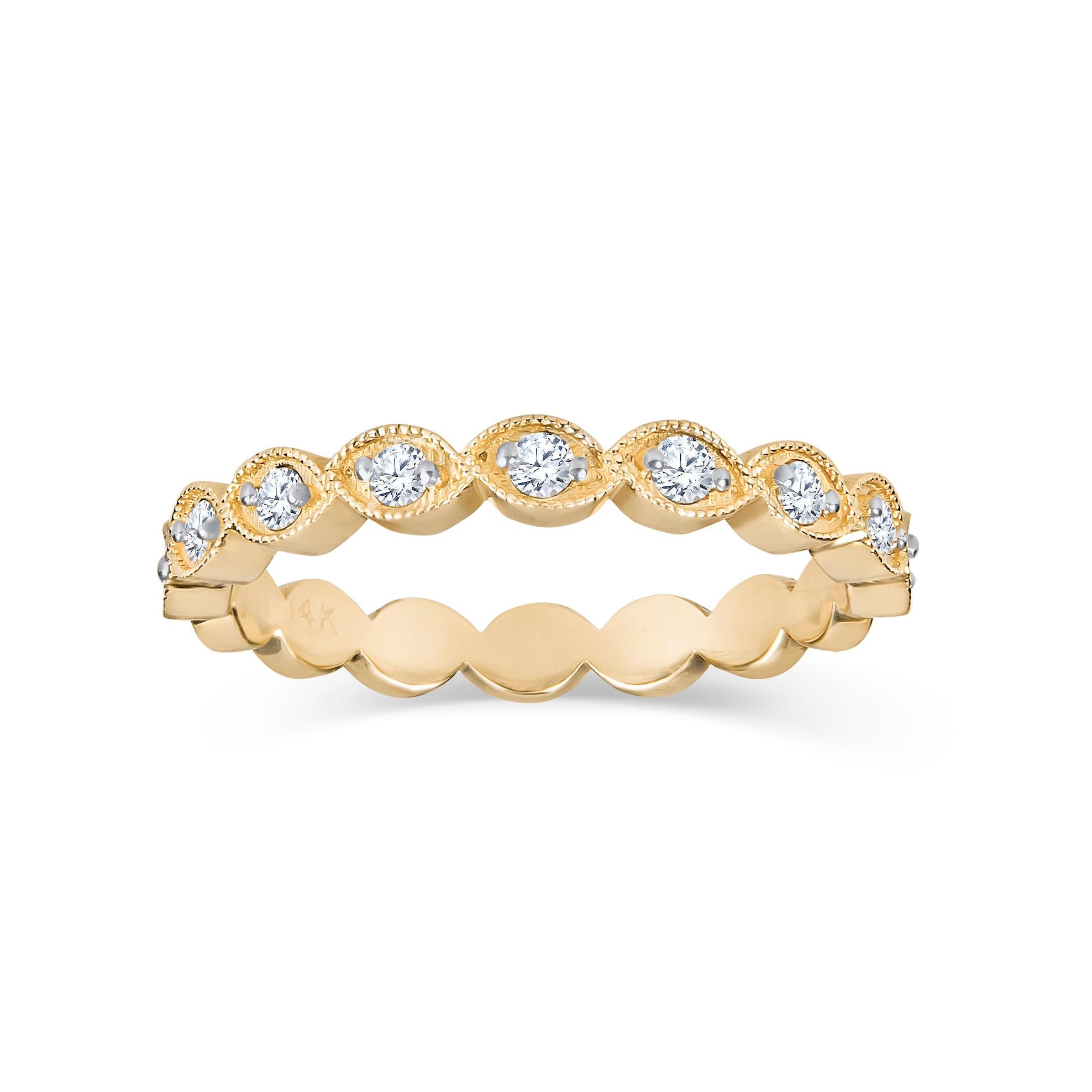 Art Deco Style Scalloped Stackable Rings in 14 Karat Solid Gold with Diamonds For Sale 1