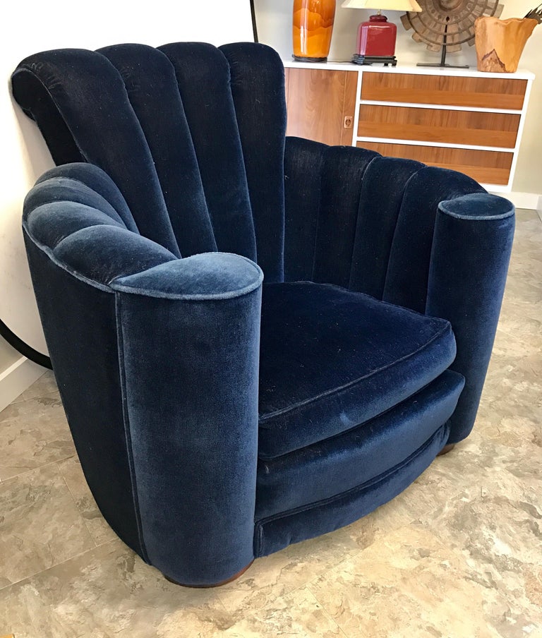 Art Deco Scalloped Upholstered Blue Velvet Large Club Chair Armchair For Sale at 1stDibs 