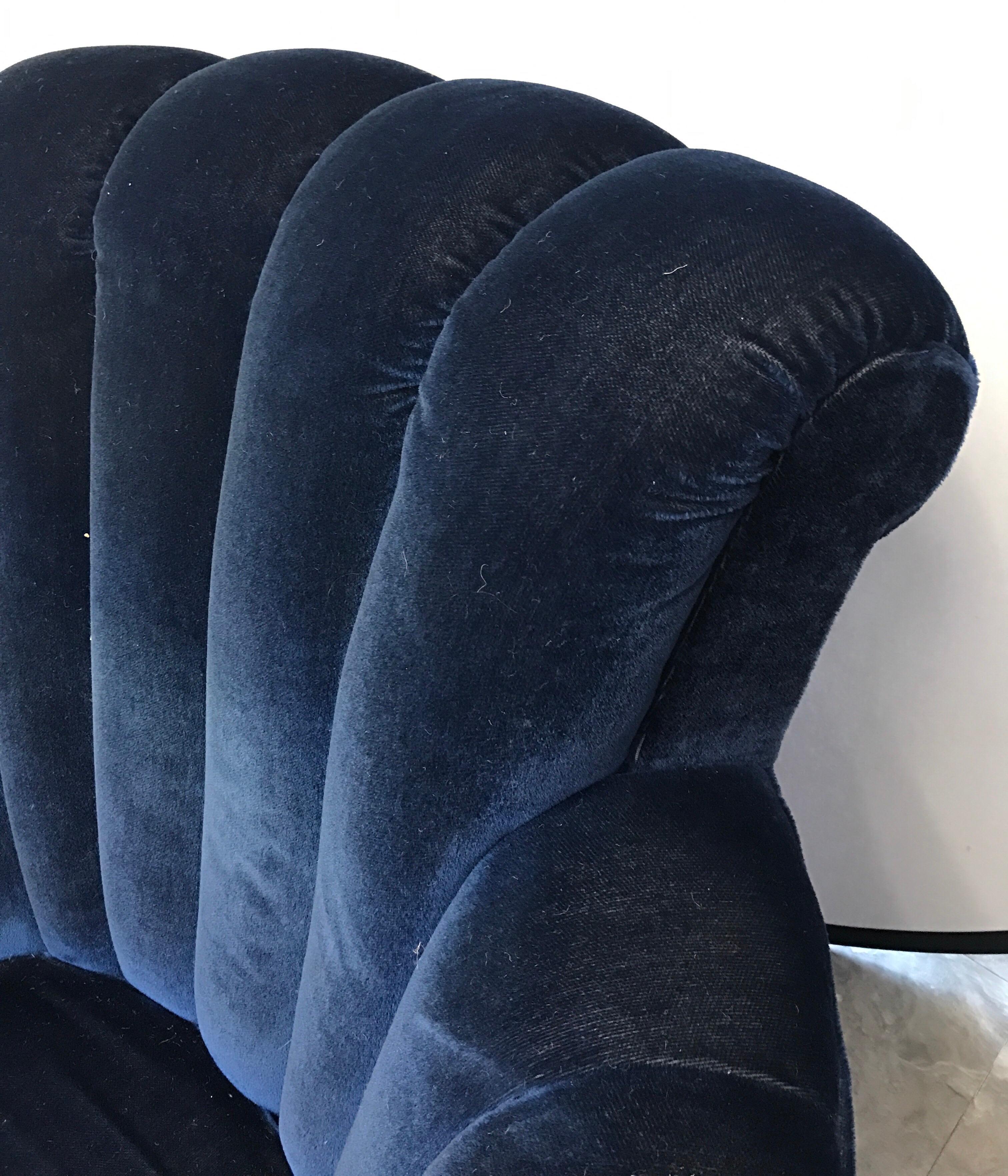 Art Deco Scalloped Upholstered Blue Velvet Large Club Chair Armchair In Good Condition In West Hartford, CT