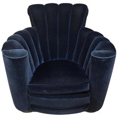 Art Deco Scalloped Upholstered Blue Velvet Large Club Chair Armchair