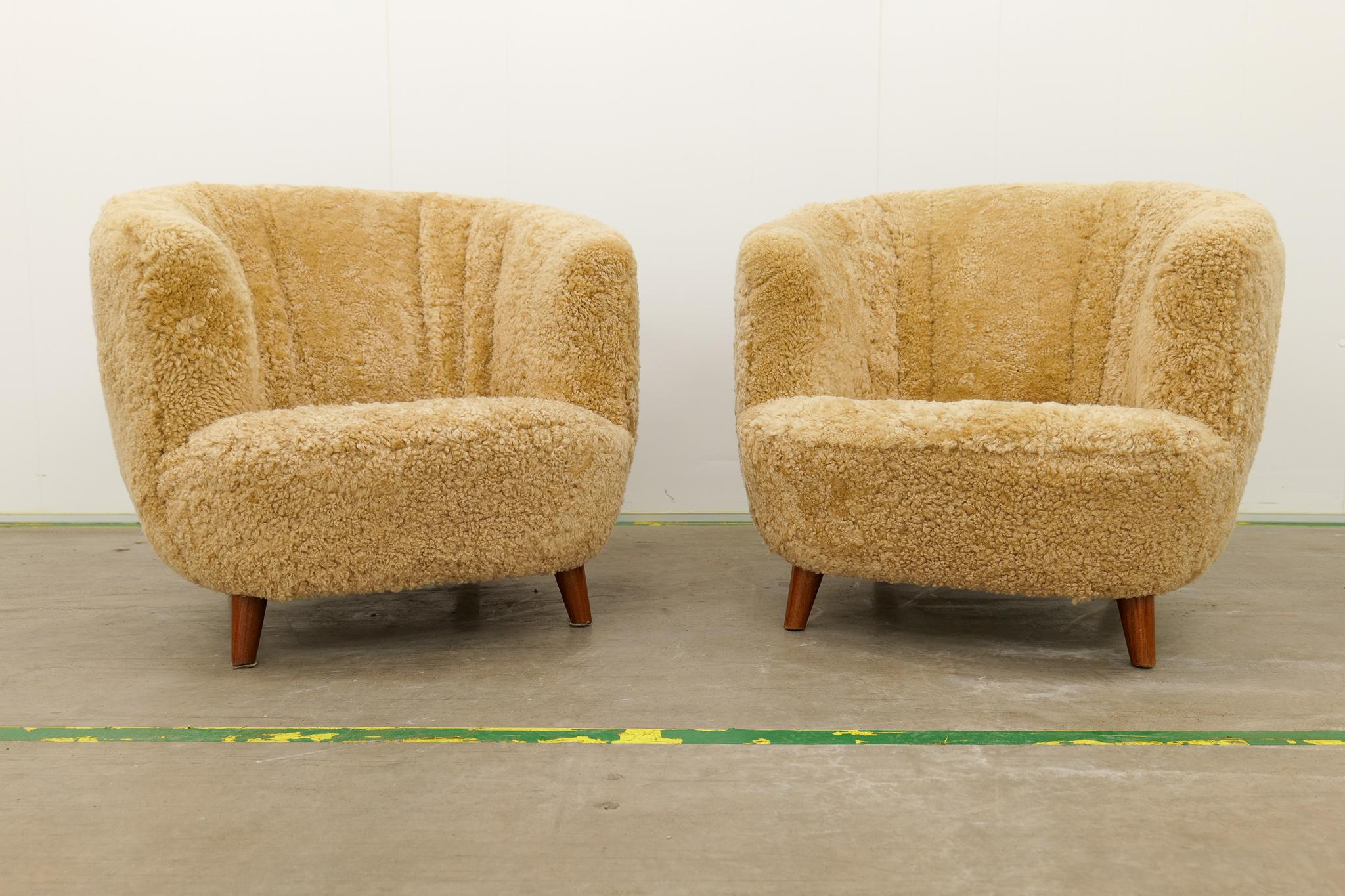 Swedish Art Deco Scandinavian Lounge Chairs in Honey Sheepskin Shearling, 1940s