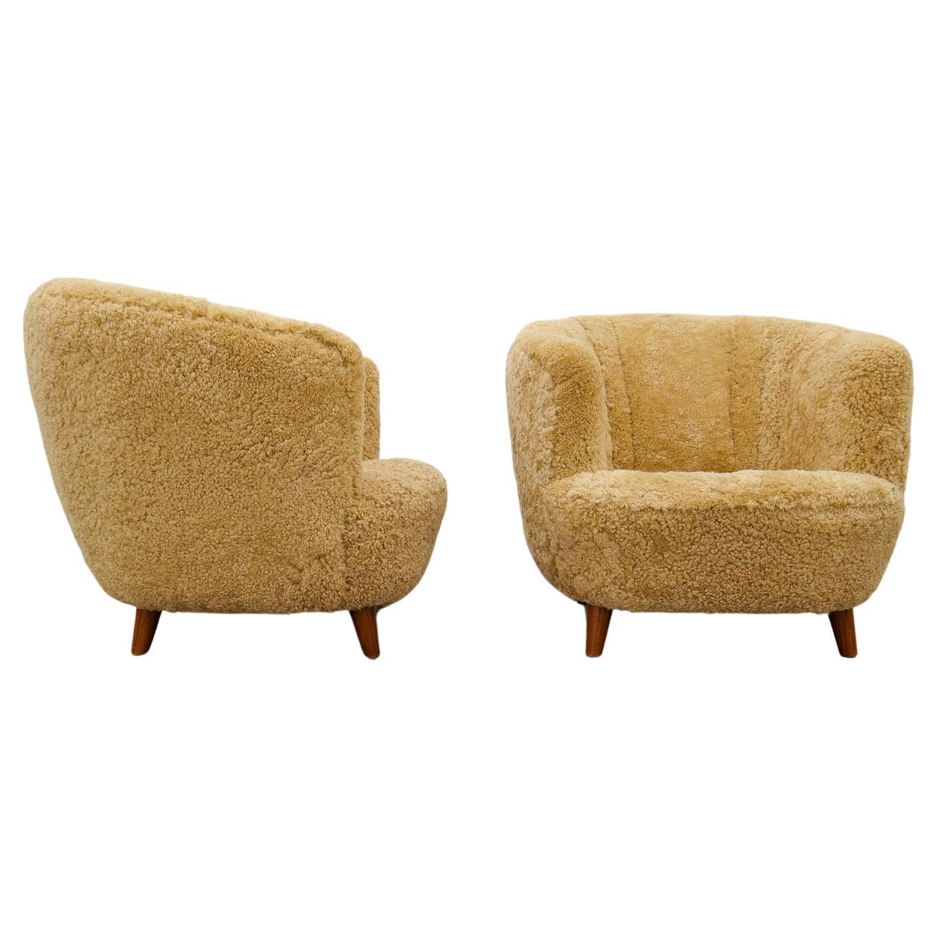 Art Deco Scandinavian Lounge Chairs in Honey Sheepskin Shearling, 1940s