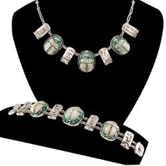 Art Deco Scarab Faience Silver Bracelet Necklace Set