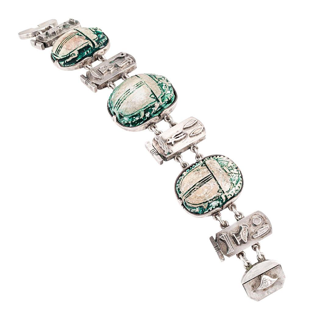 Art Deco Scarab Faience Silver Bracelet Necklace Set In Good Condition In Los Angeles, CA