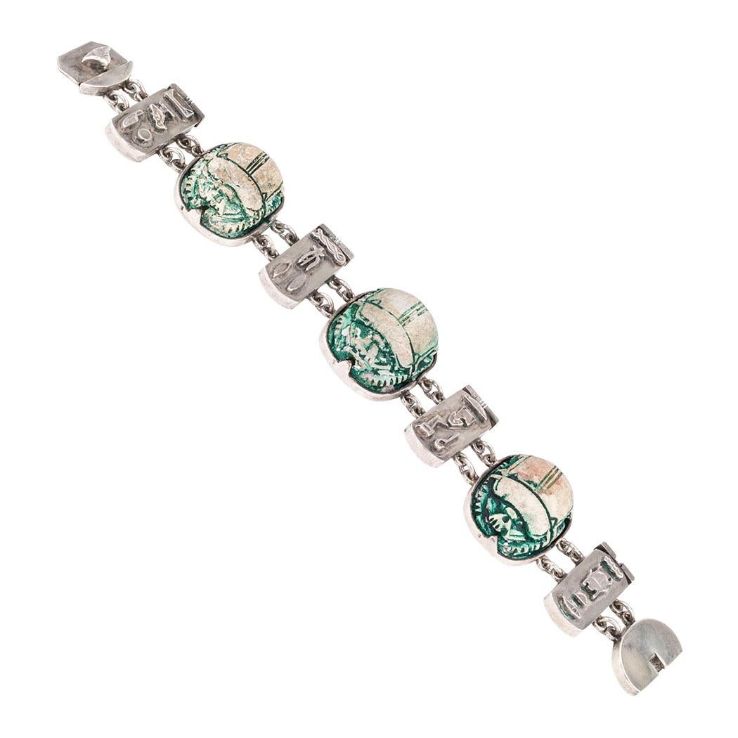 Women's Art Deco Scarab Faience Silver Bracelet Necklace Set