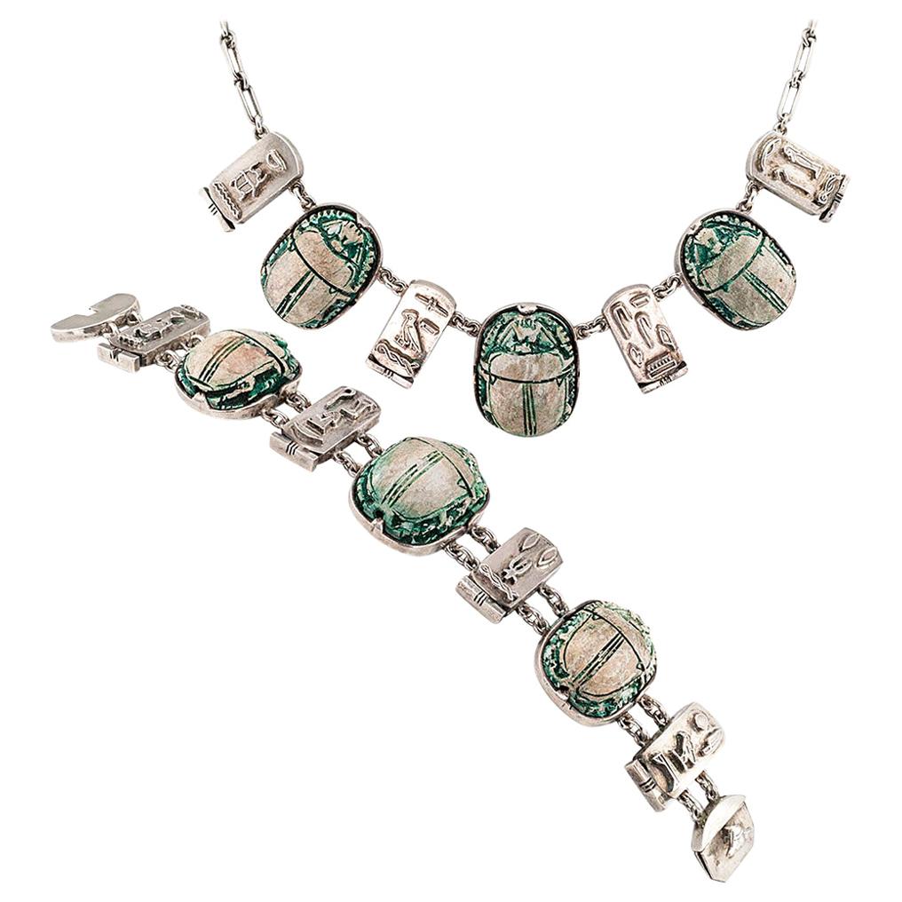 Art Deco Scarab Faience Silver Bracelet Necklace Set