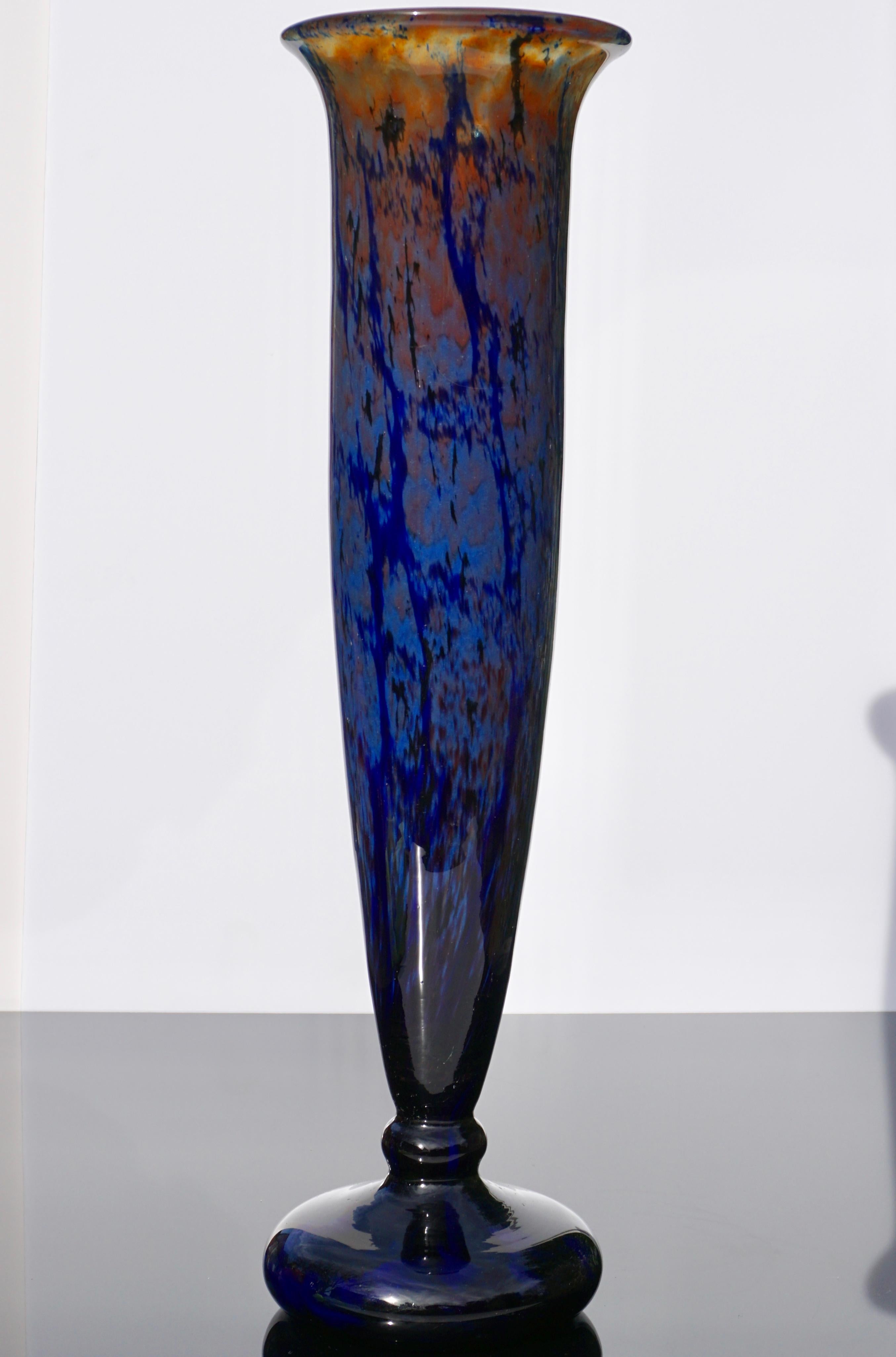 French Art Deco Schneider Art Verre Francais Tall Blue Glass Vase