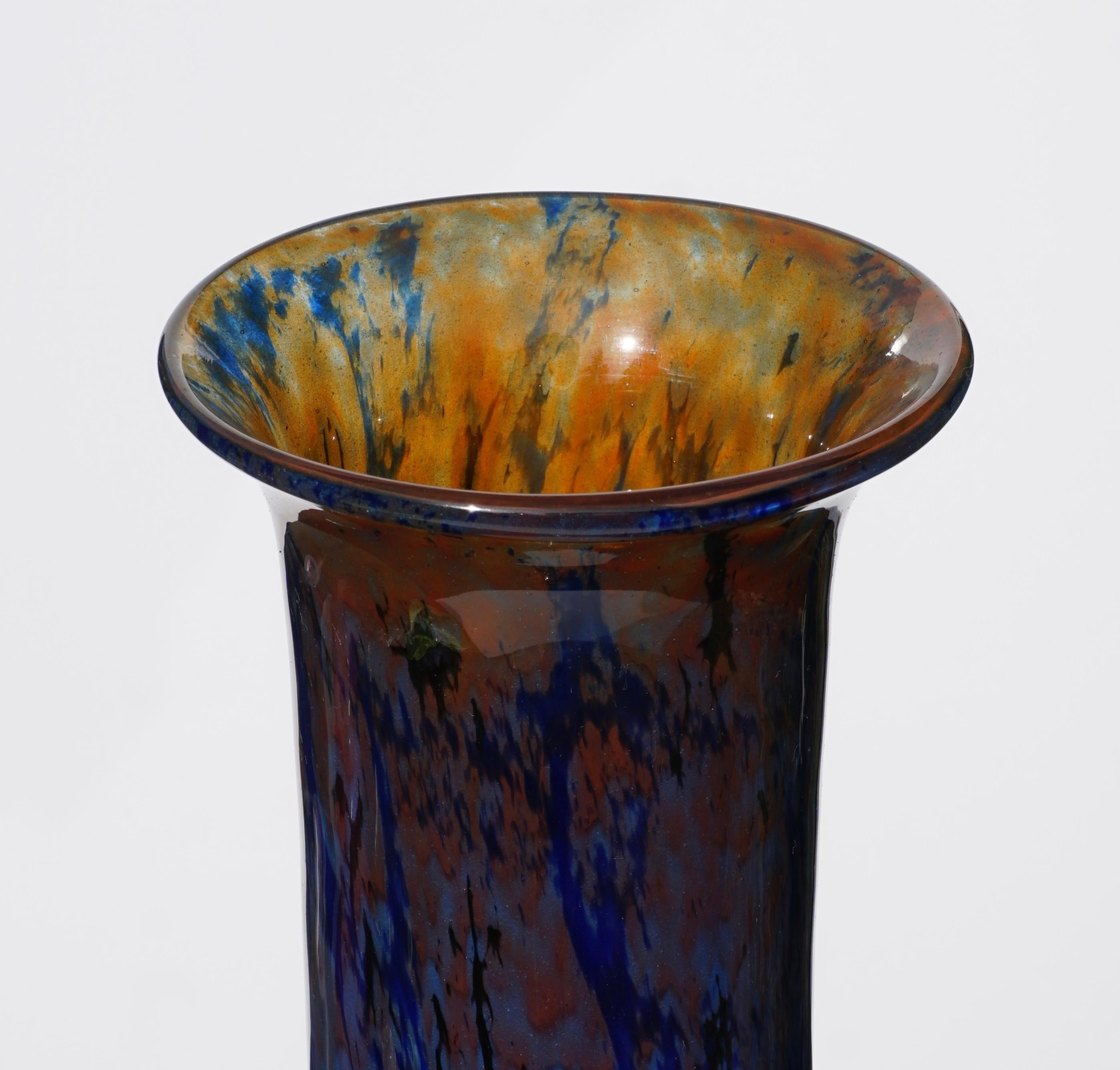 Fired Art Deco Schneider Art Verre Francais Tall Blue Glass Vase