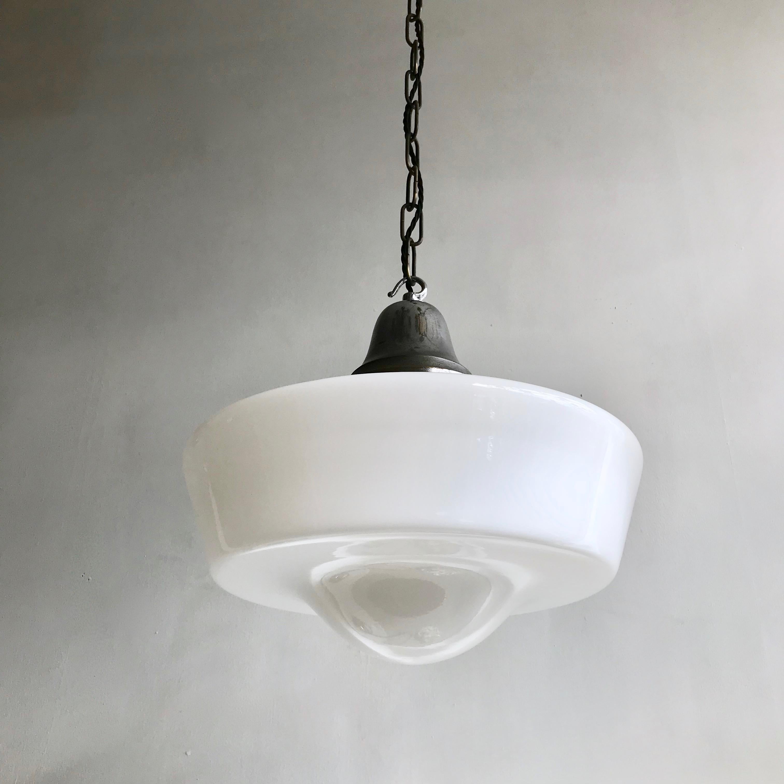 Original deco school house shade, opaline glass with an antique chromed gallery. The chrome on the gallery is pitted and worn adding to the antique look of this piece. It is wired with a B22 lamp holder and supplied with braided flex, chain and a