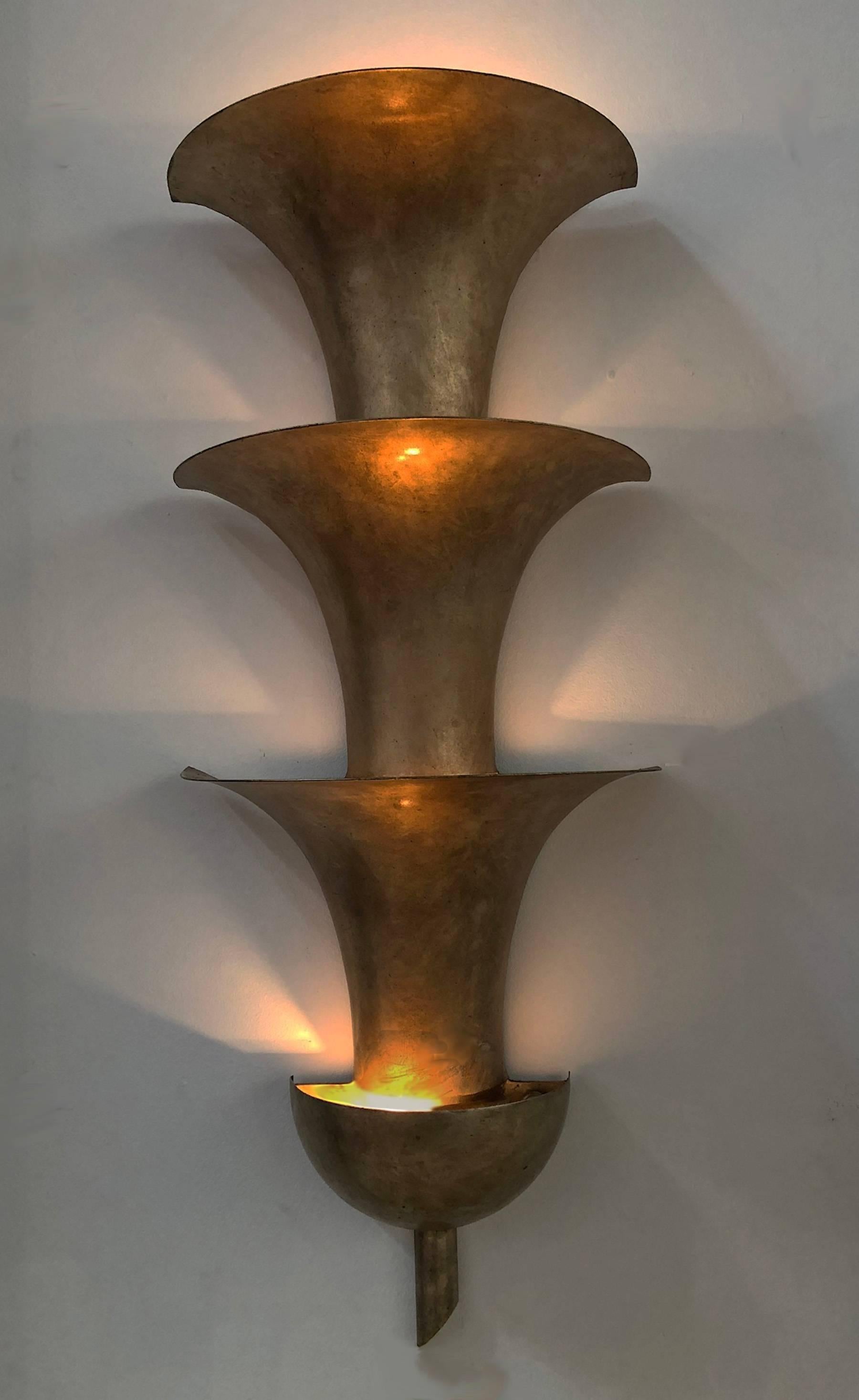 Art Deco sconce. Steel with original patinated gilt finish, 1930s.