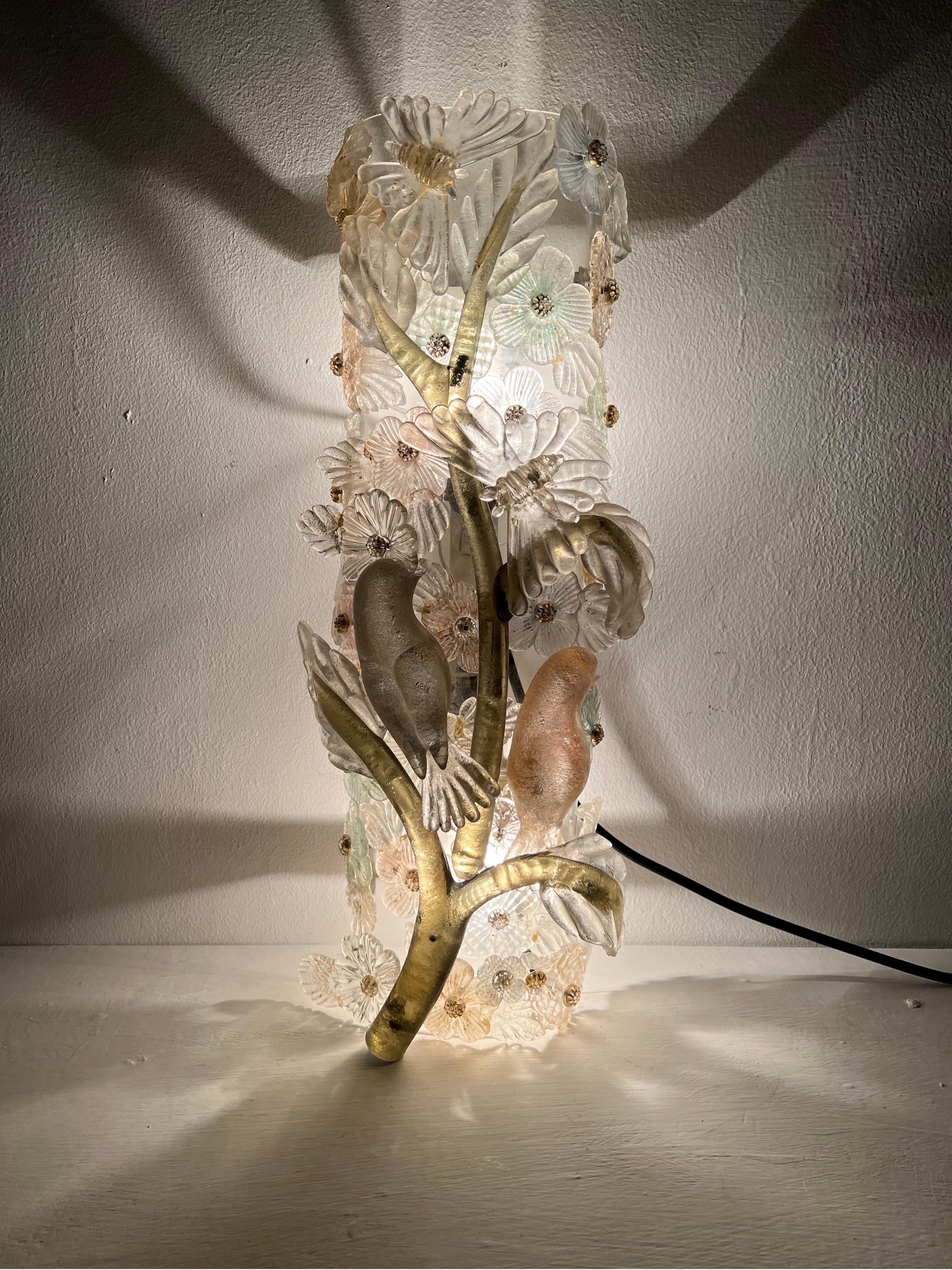 Magnificent figural Sconce in Murano glass, quite unique and a proper work of art on its own, representing a branch with 2 birds, 2 butterflies and several different styles of flowers, all are hand sculpted with 24k gold leaf or dust applied and