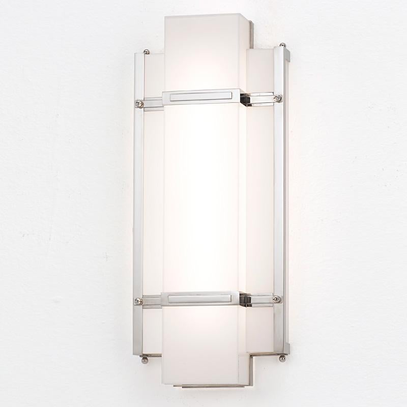 Hand-Crafted Art Deco Sconce with Nickel finish and Sanded Glass For Sale