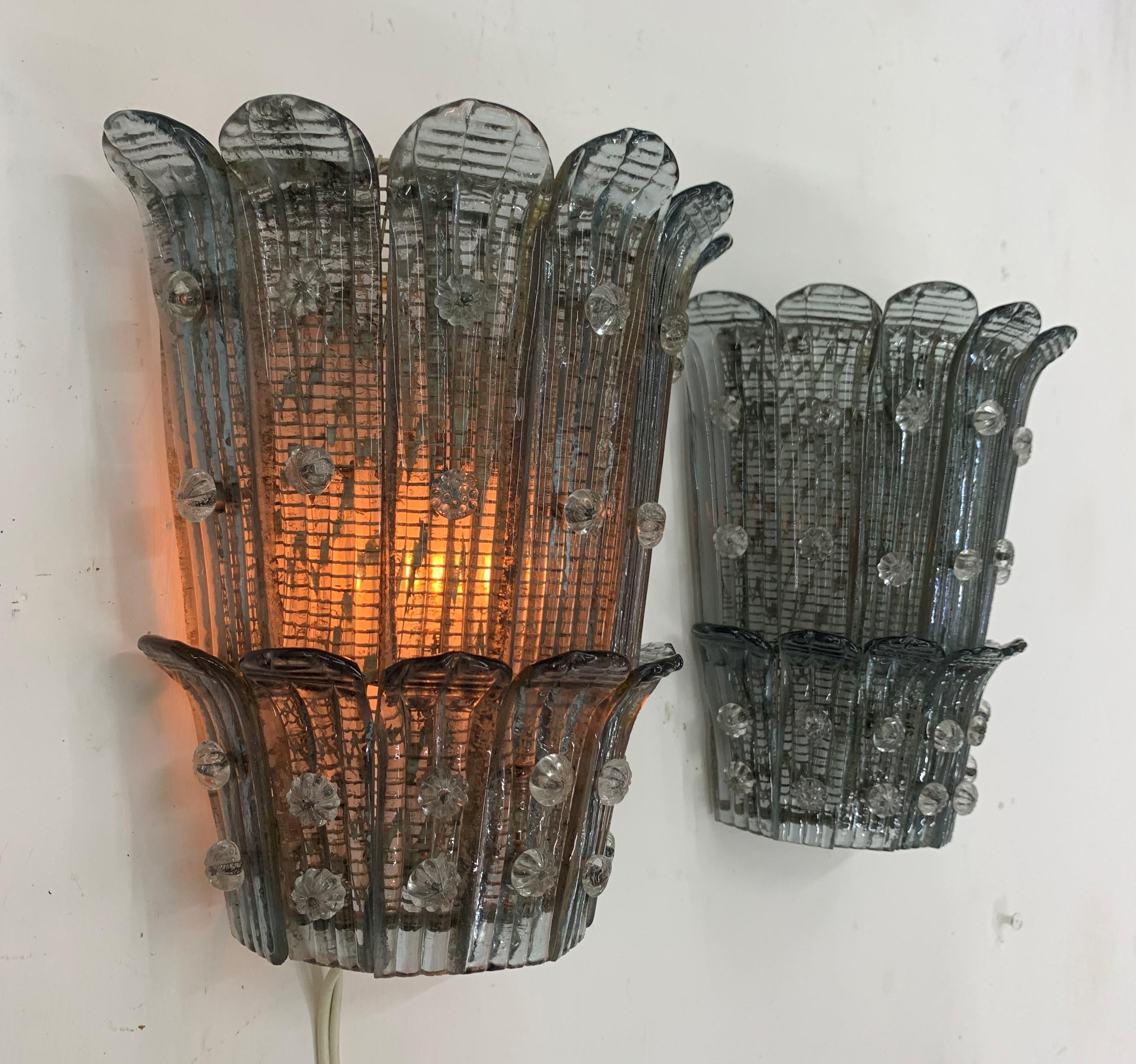 Brass Art Deco Sconces Designed by Barovier Toso, Murano Glass, Italy, circa 1940 For Sale