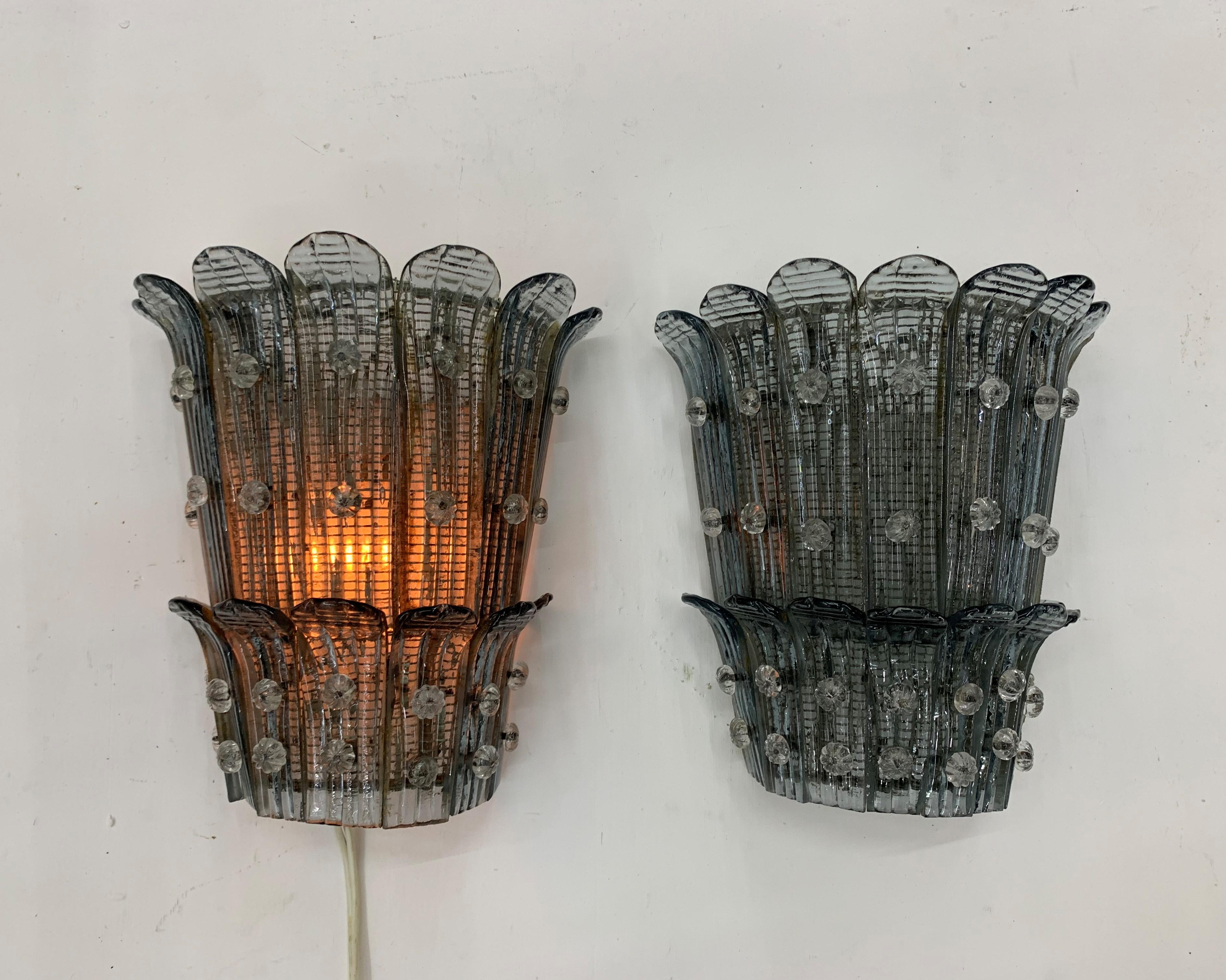 Art Deco Sconces Designed by Barovier Toso, Murano Glass, Italy, circa 1940 For Sale 1