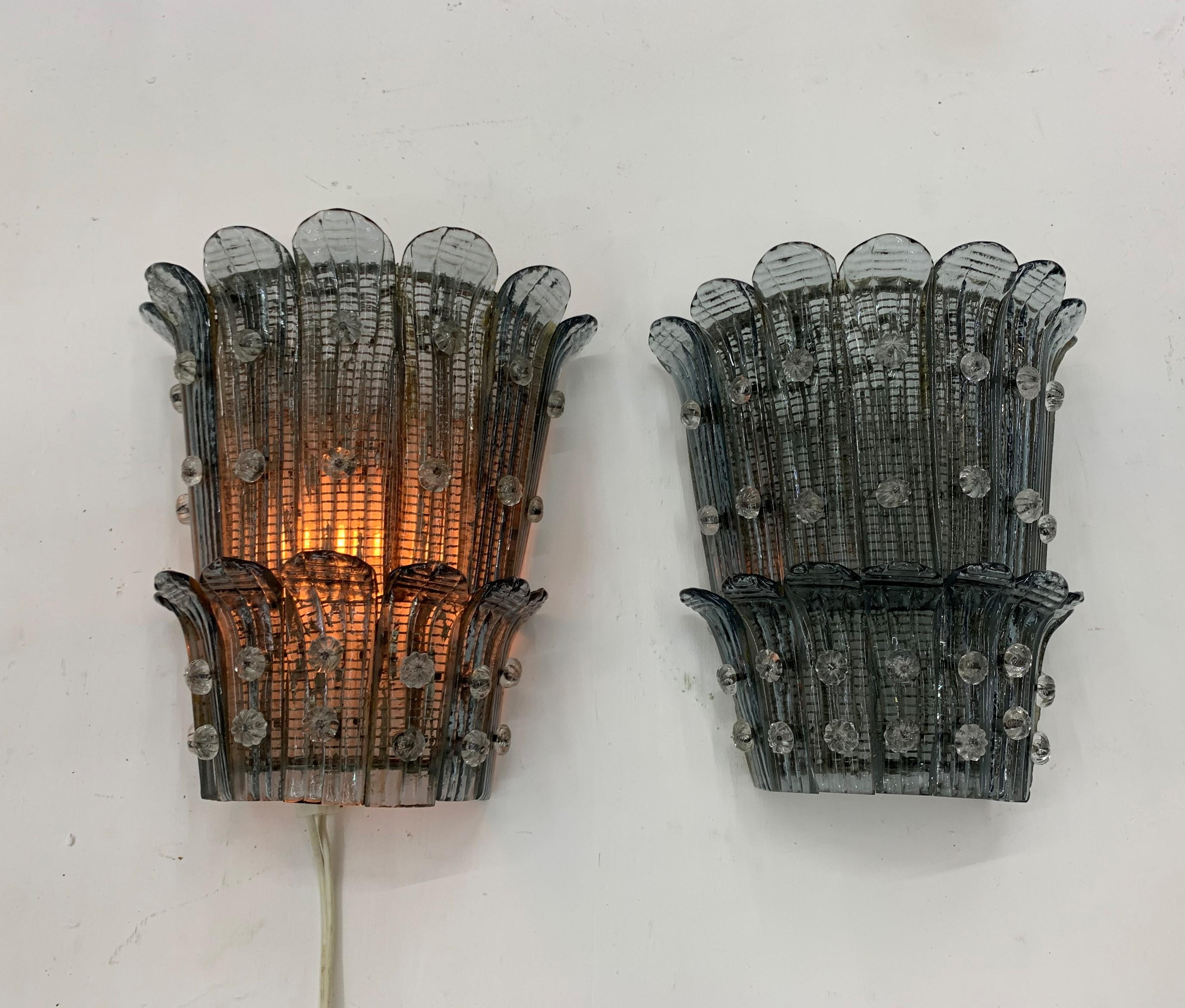 Art Deco Sconces Designed by Barovier Toso, Murano Glass, Italy, circa 1940 For Sale 2