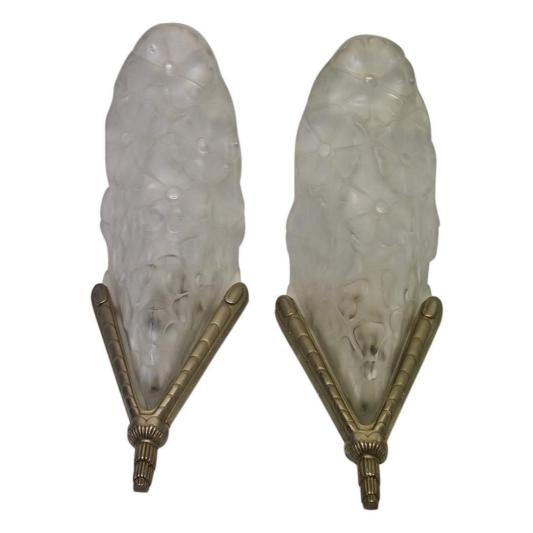 Art Deco Sconces Flowers, Frosted Glass by Deguz